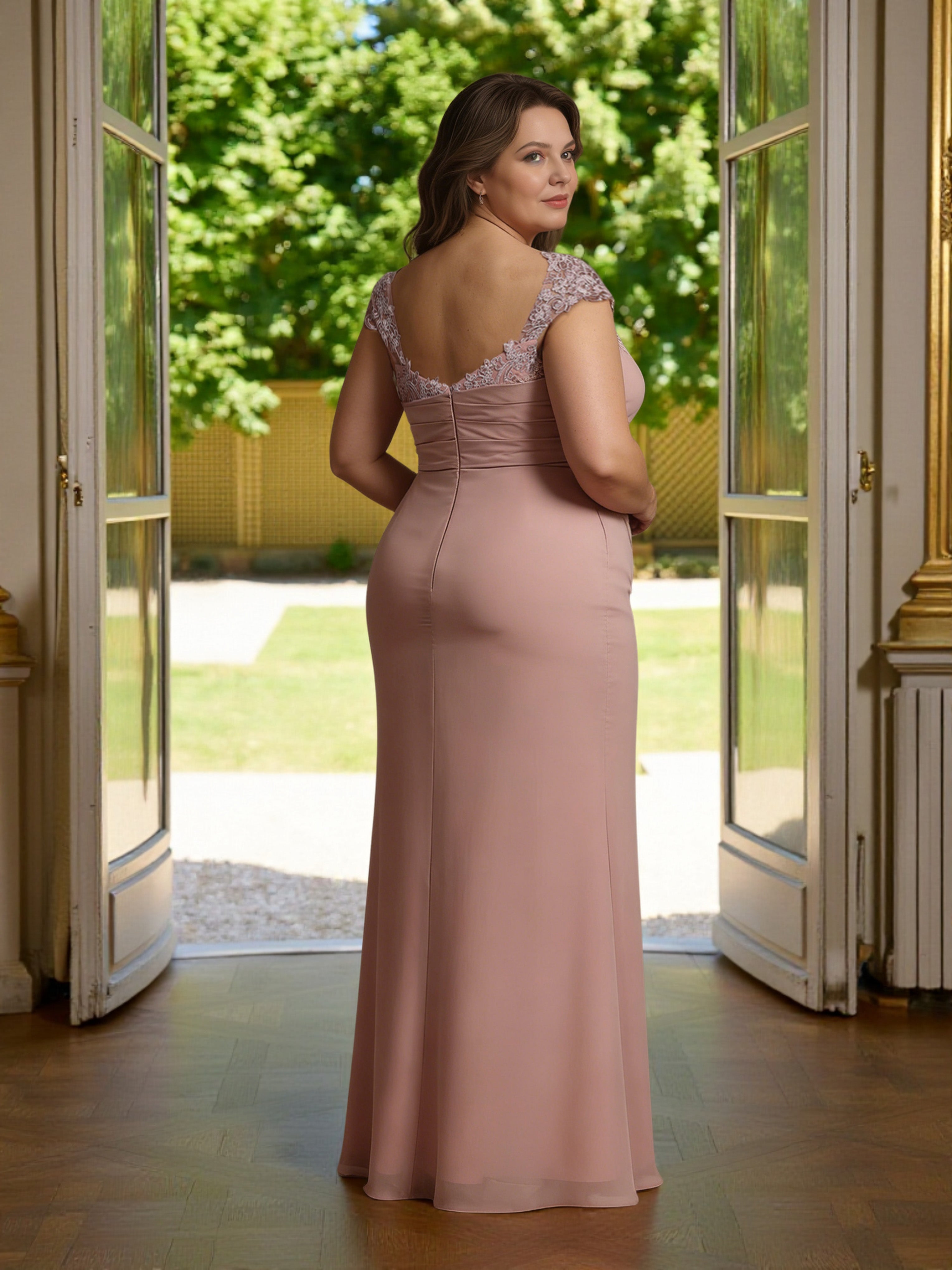 Cicinia Rose Poussiéreux Robe Grande Taille pour Mère de la Mariée Longue Fourreau en Mousseline à Plis