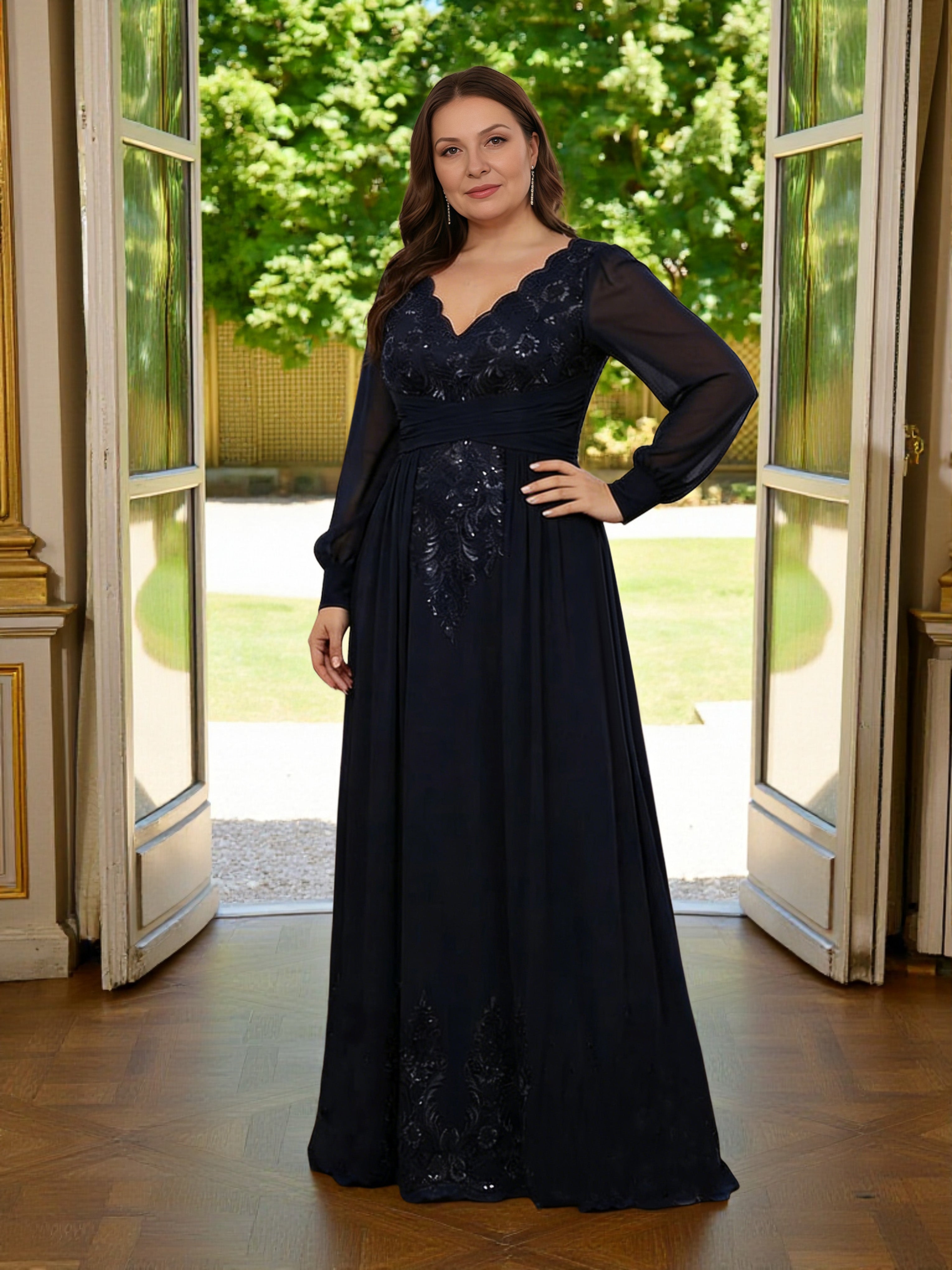 Cicinia Bleu Marine Foncé Robe Grande Taille pour Mère de la Mariée Longue A-Line en Mousseline Dentelle Décolleté en V Longueur Sol