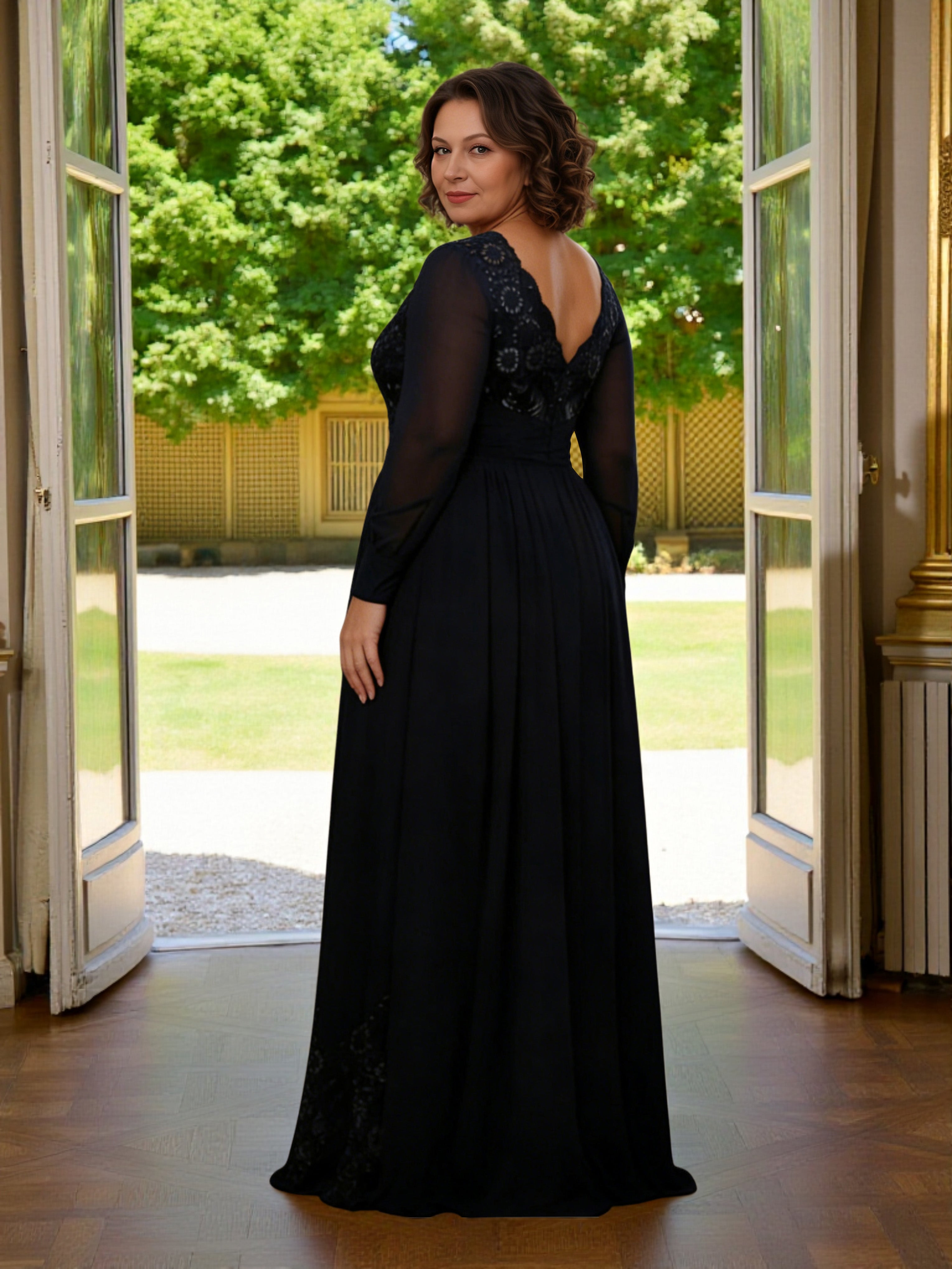 Cicinia Bleu Marine Foncé Robe Grande Taille pour Mère de la Mariée Longue A-Line en Mousseline Dentelle Décolleté en V Longueur Sol