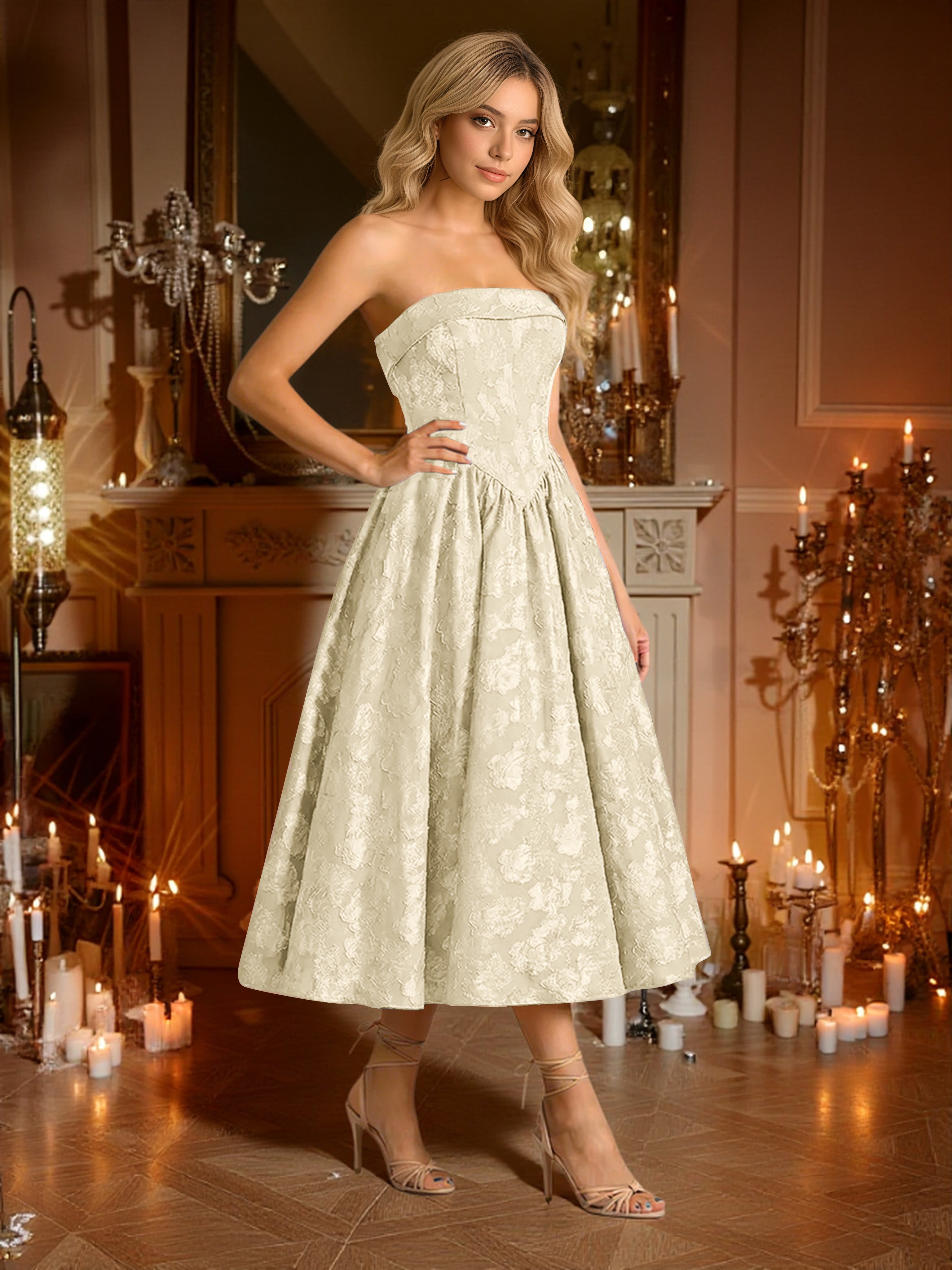 Cicinia Robes de Bal de Promo CHAMPAGNE Longue A-Line en Dentelle sans Bretelles sans Manches Longueur Midi