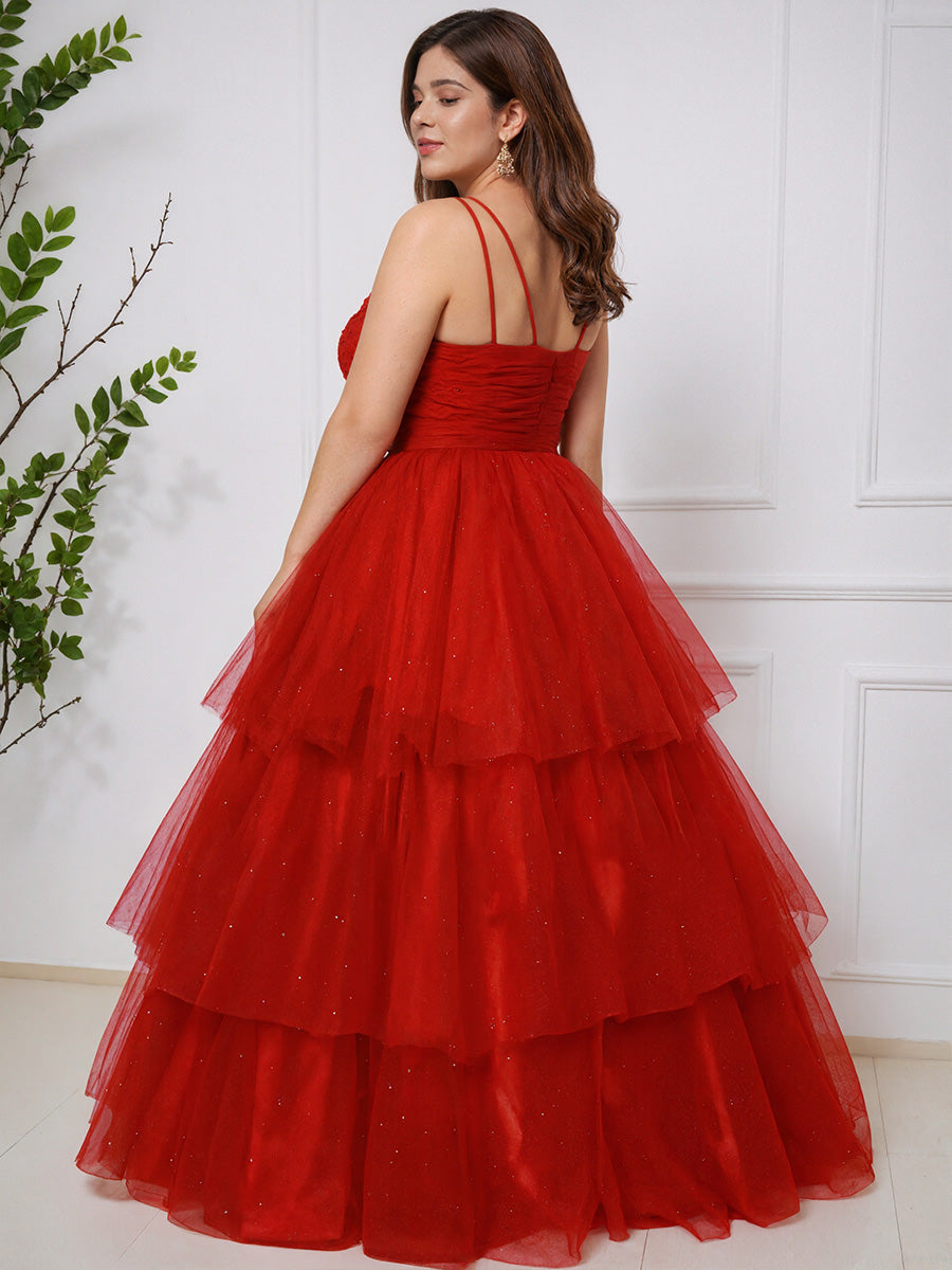 Cicinia Rouge Robe de Bal Princesse à Tulle Bretelles Spaghetti Trapèze Grande Taille