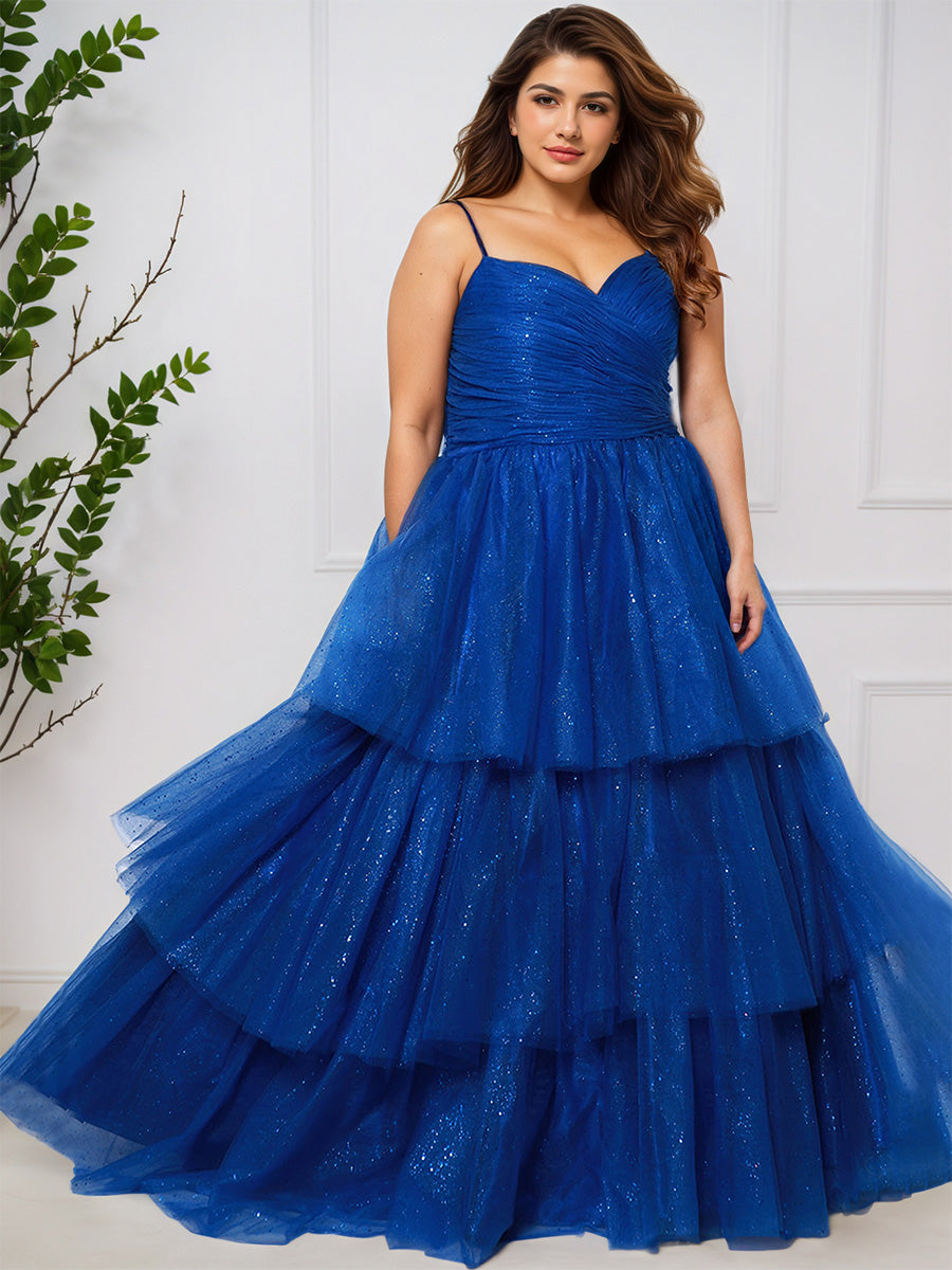 Cicinia BLEU_ROYALE Robe de Bal Princesse à Tulle Bretelles Spaghetti Trapèze Grande Taille
