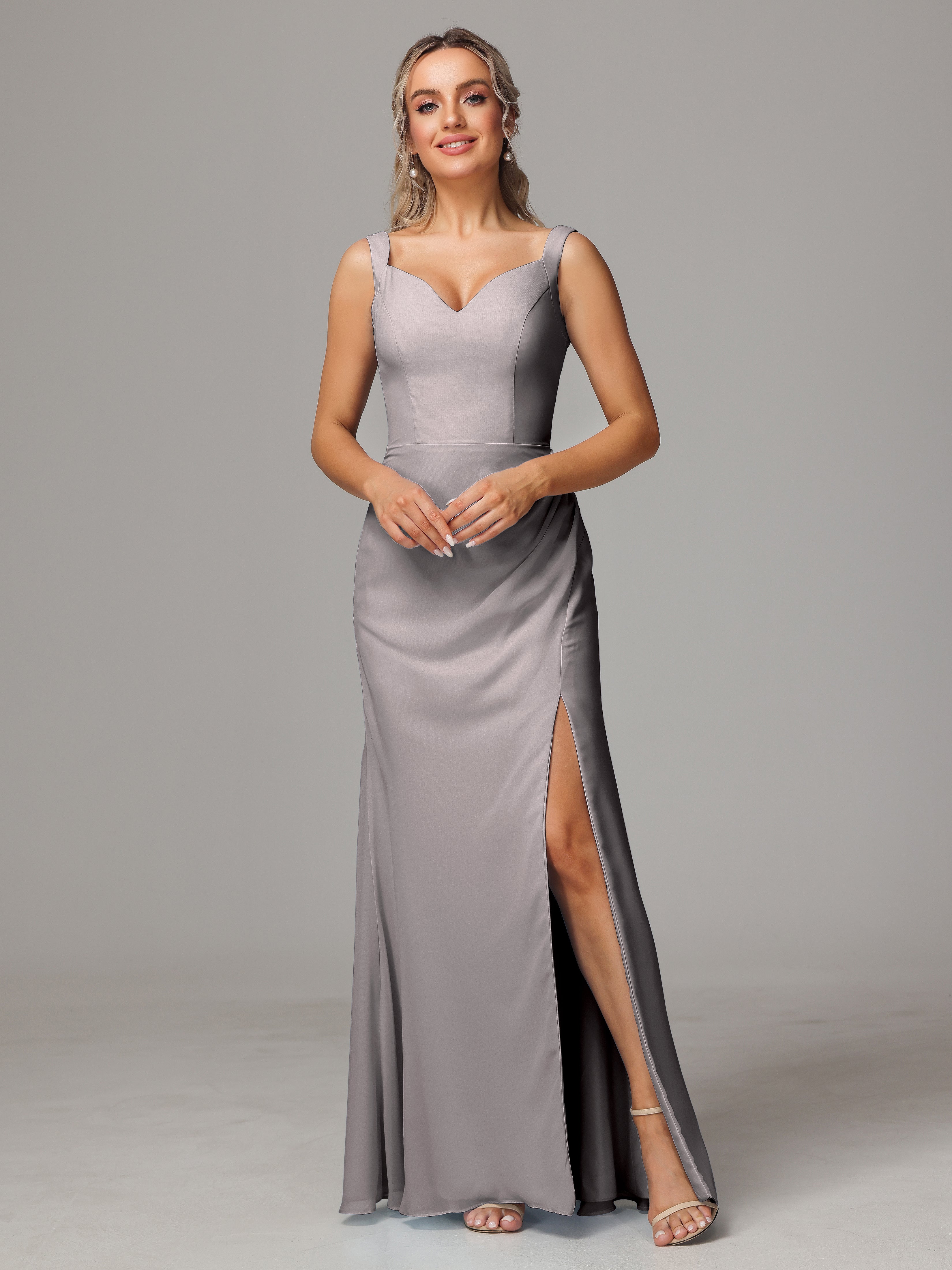 Robe Argentée Demoiselle D Honneur Dos V Fendue Devant Mousseline Robe Demoiselle D'Honneur