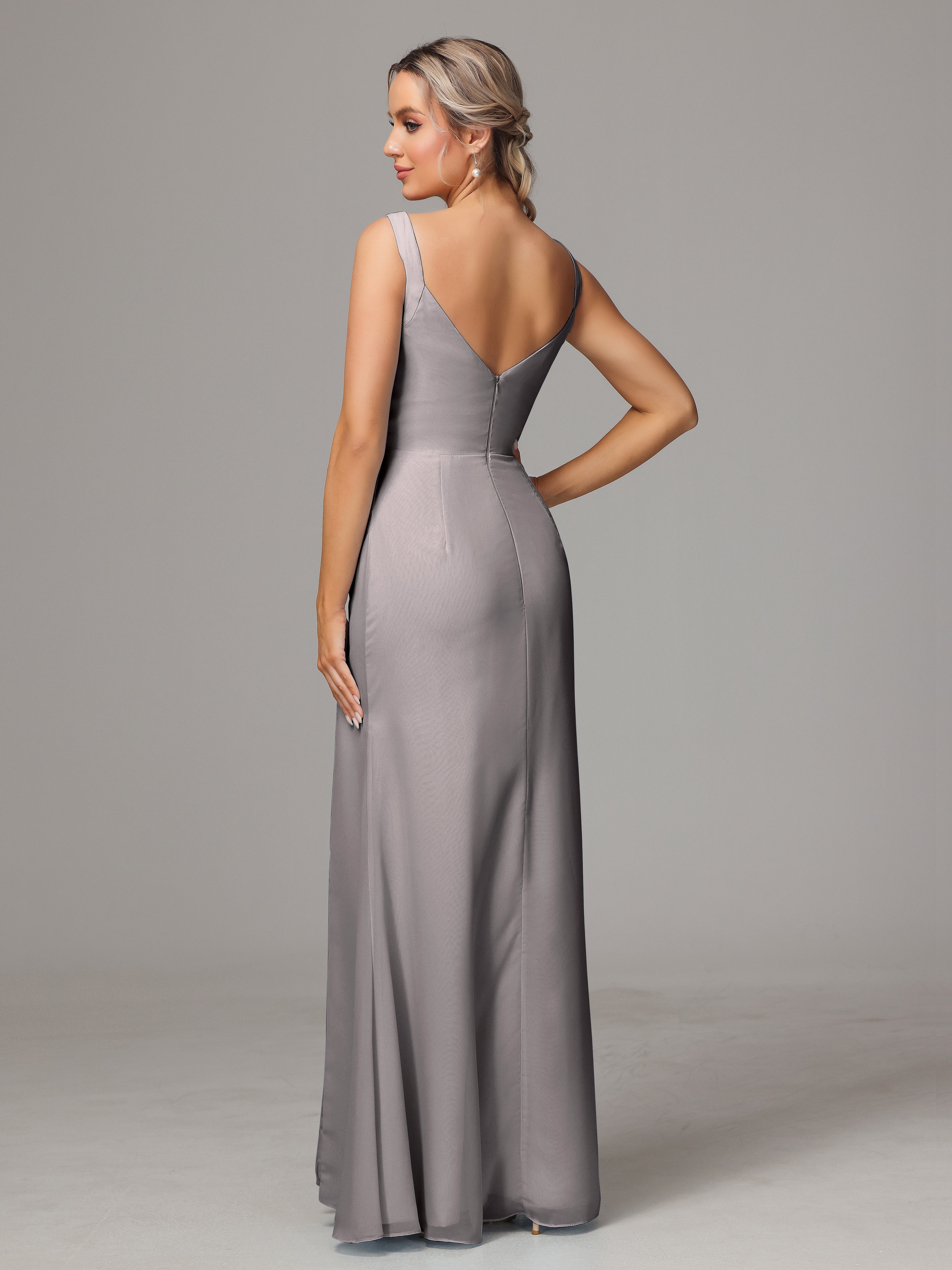 Robe Argentée Demoiselle D Honneur Dos V Fendue Devant Mousseline Robe Demoiselle D'Honneur