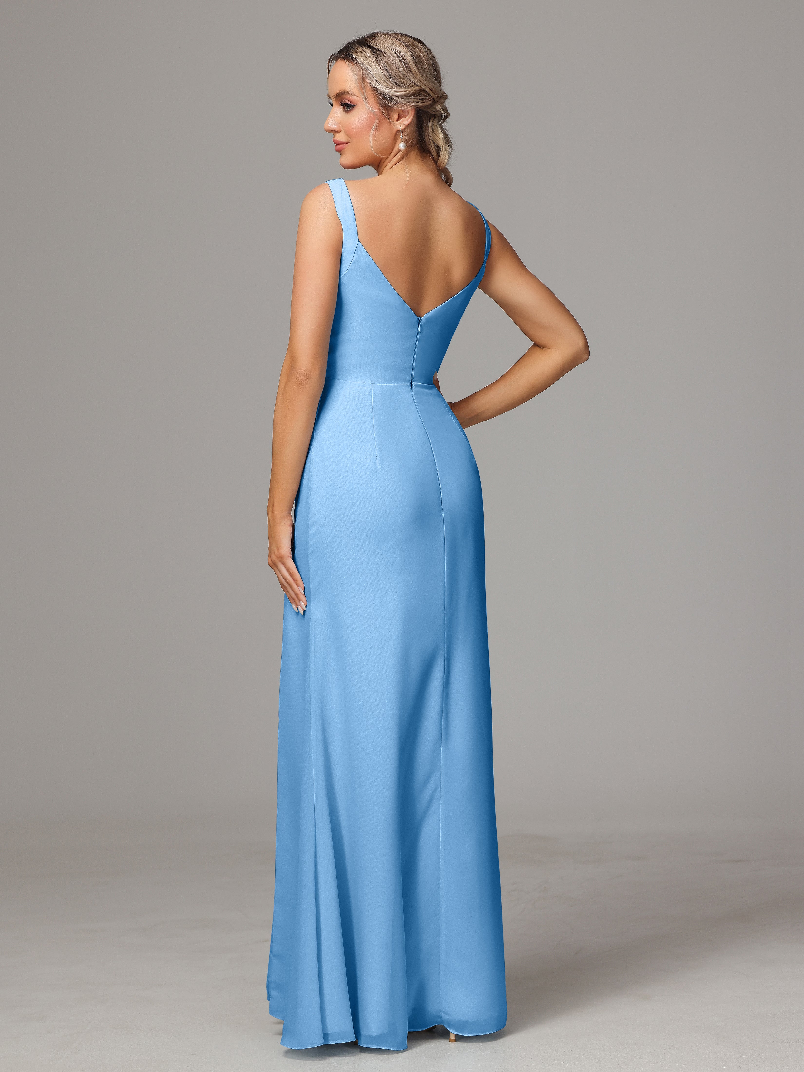 Robe Bleu Mariage Demoiselle D Honneur Dos V Fendue Devant Mousseline Robe Demoiselle D'Honneur