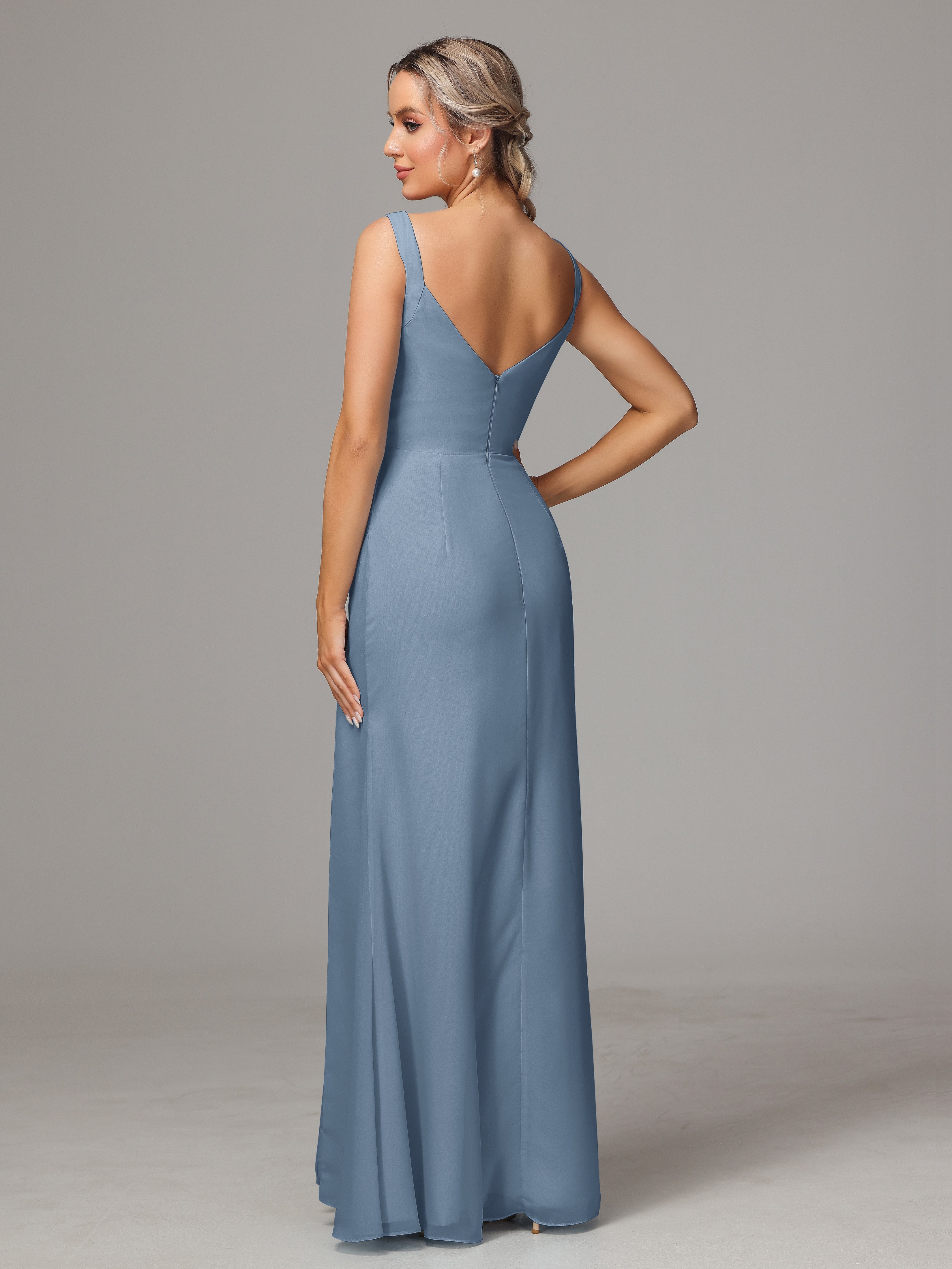 Robes De Demoiselle D'Honneur Bleu De Schiste Dos V Fendue Devant Mousseline Robe Demoiselle D'Honneur