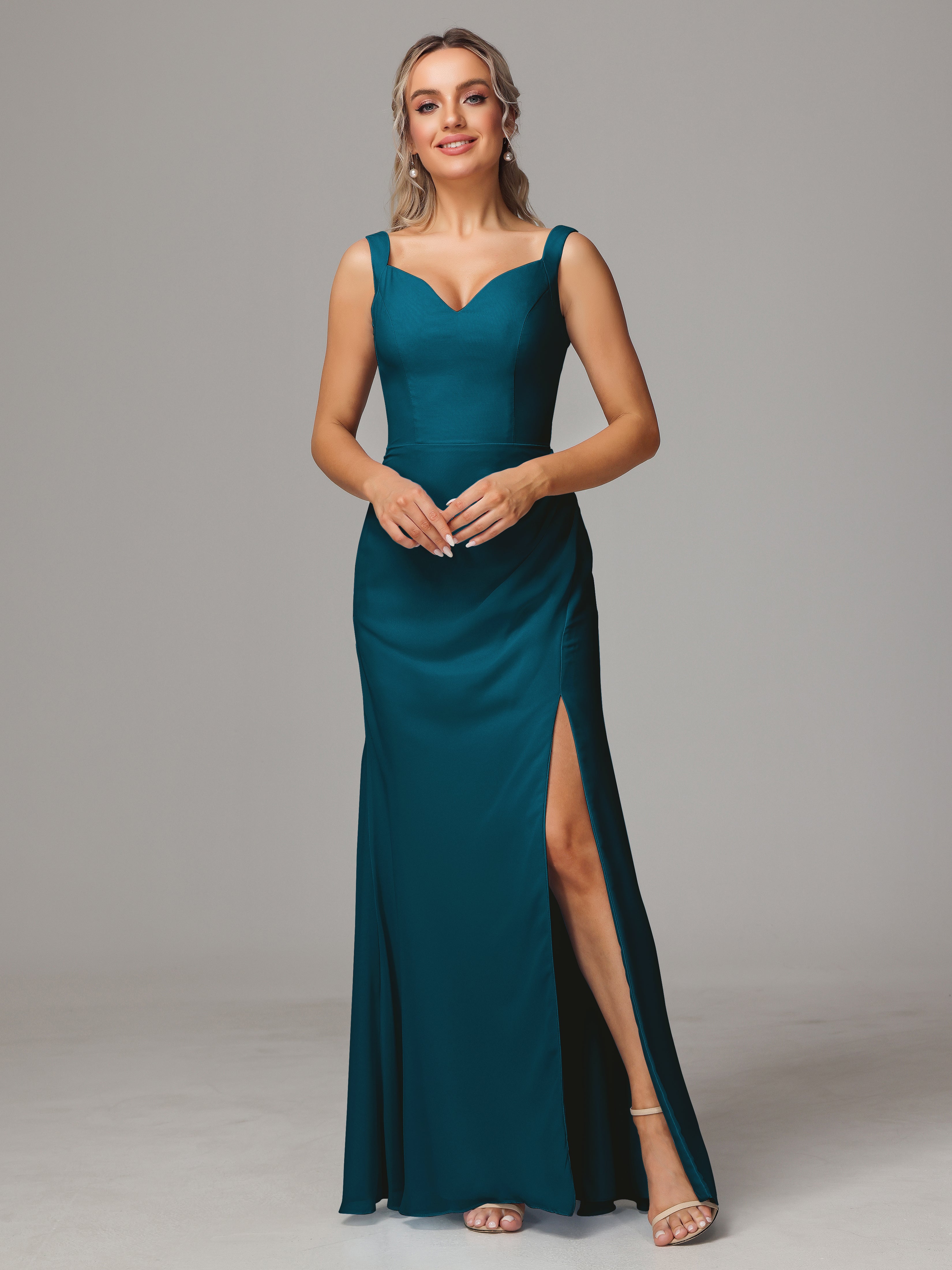 Robes De Demoiselle D'Honneur Bleu Encre Dos V Fendue Devant Mousseline Robe Demoiselle D'Honneur