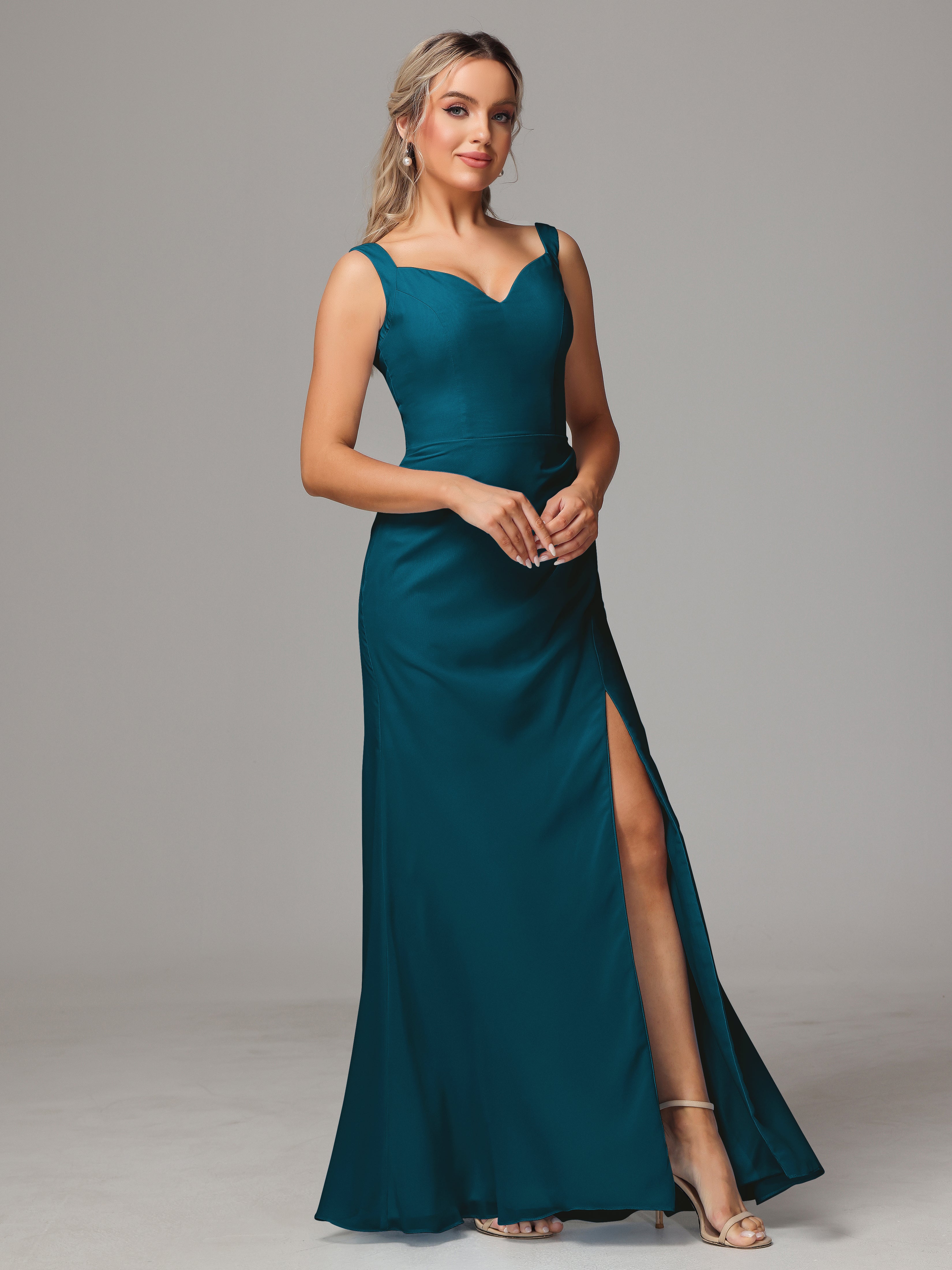 Robes De Demoiselle D'Honneur Bleu Encre Dos V Fendue Devant Mousseline Robe Demoiselle D'Honneur