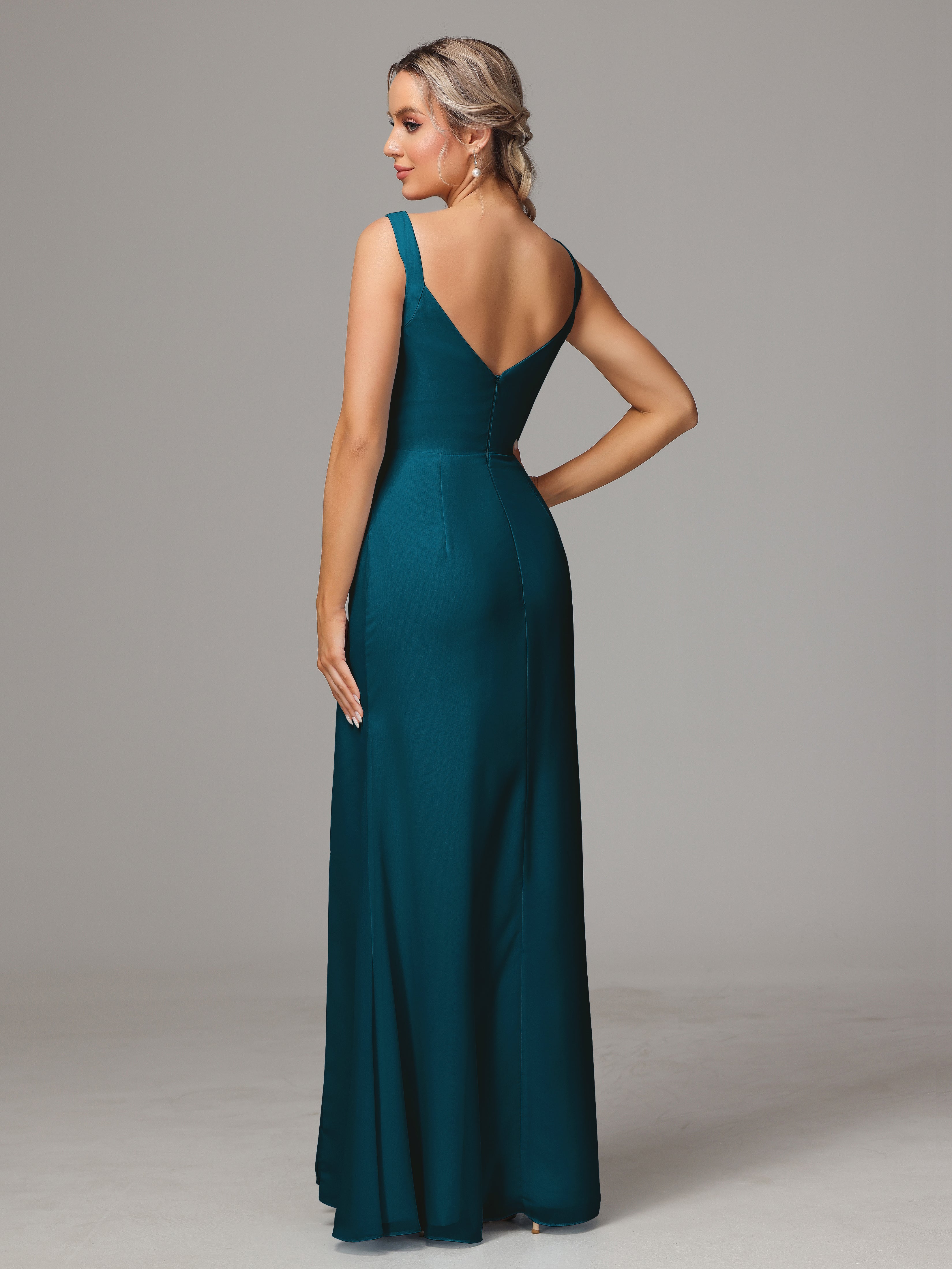 Robes De Demoiselle D'Honneur Bleu Encre Dos V Fendue Devant Mousseline Robe Demoiselle D'Honneur