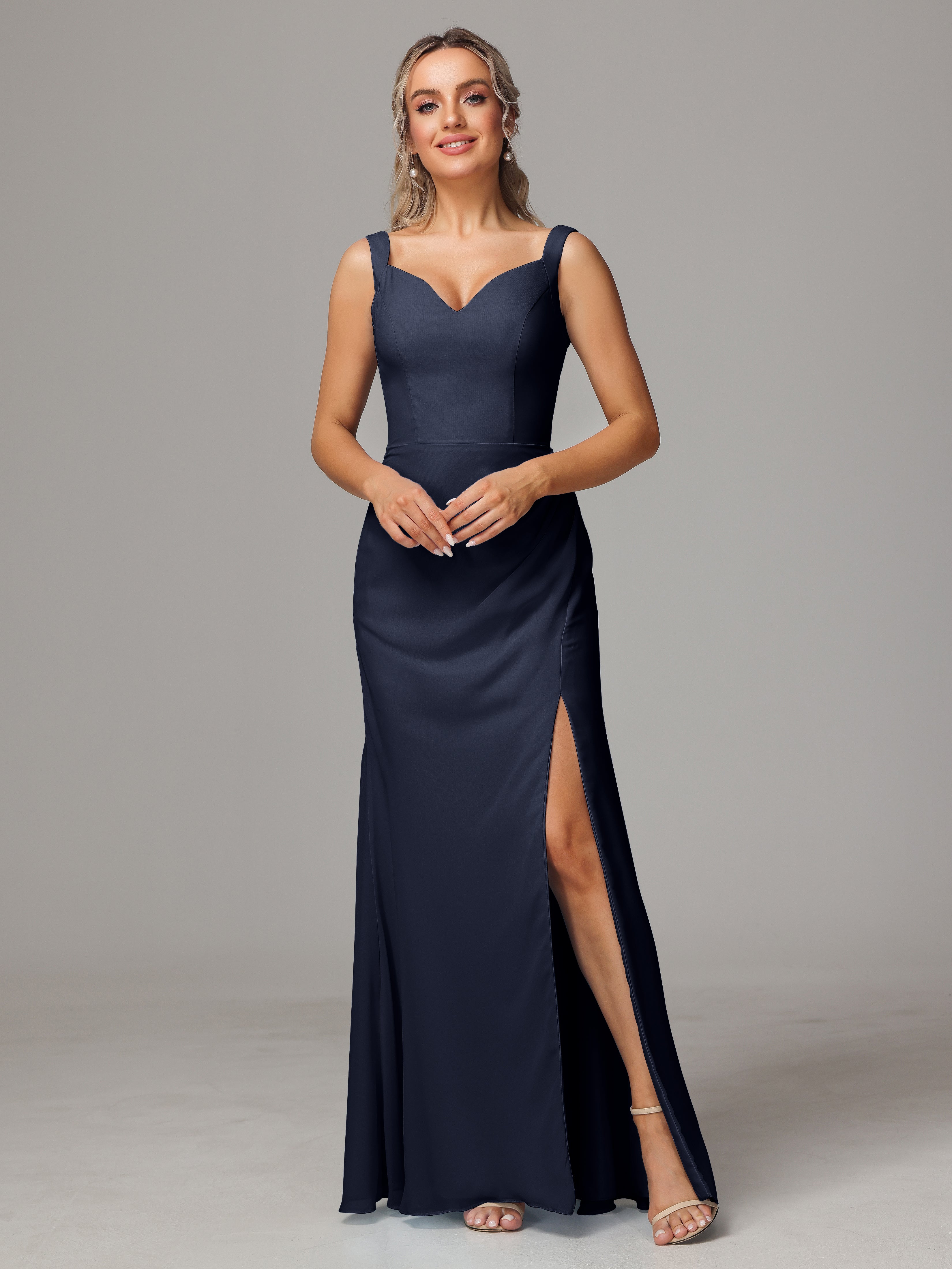 Robe Demoiselle D Honneur Bleu Marine Dos V Fendue Devant Mousseline Robe Demoiselle D'Honneur