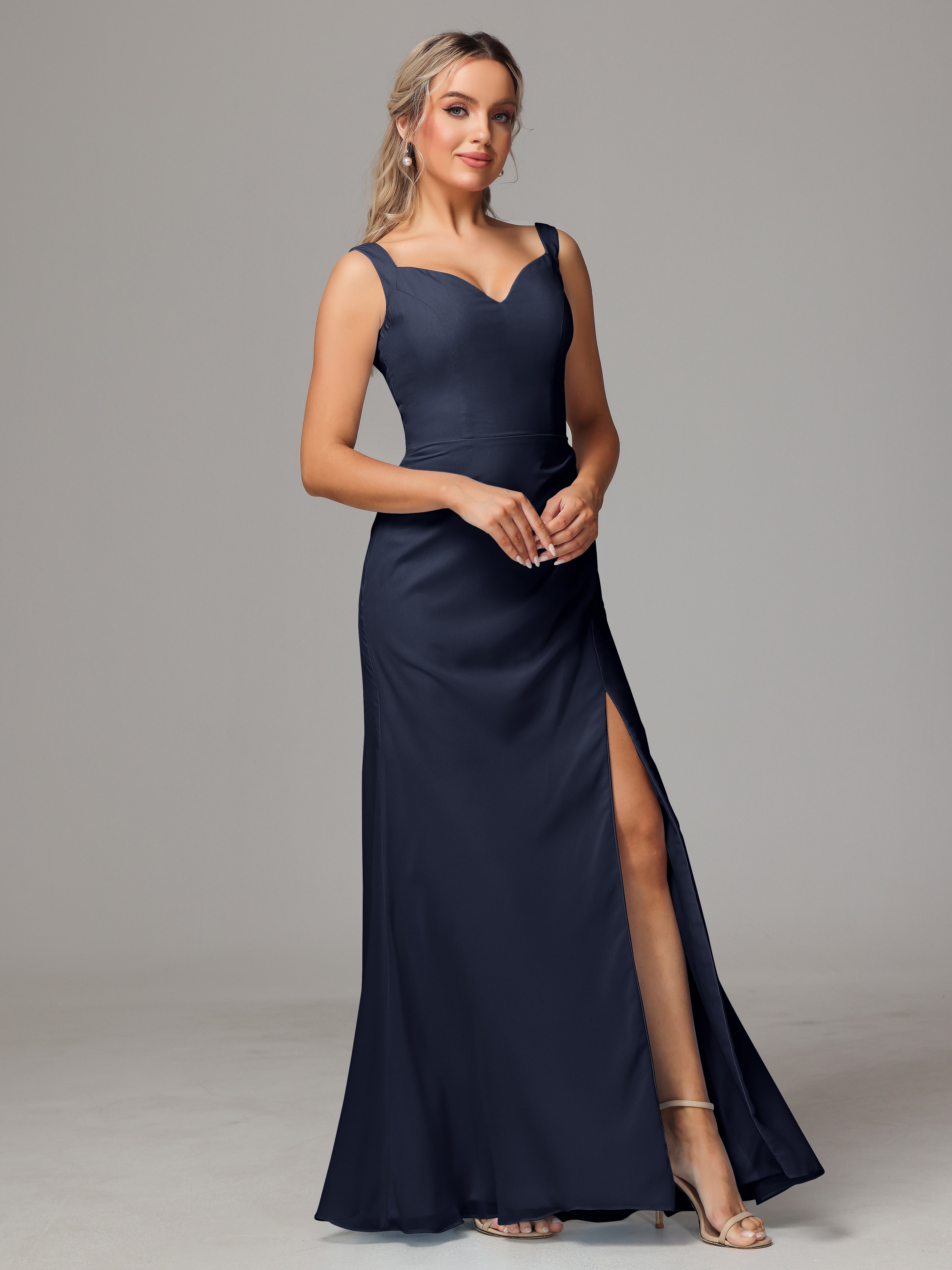 Robe Demoiselle D Honneur Bleu Marine Dos V Fendue Devant Mousseline Robe Demoiselle D'Honneur