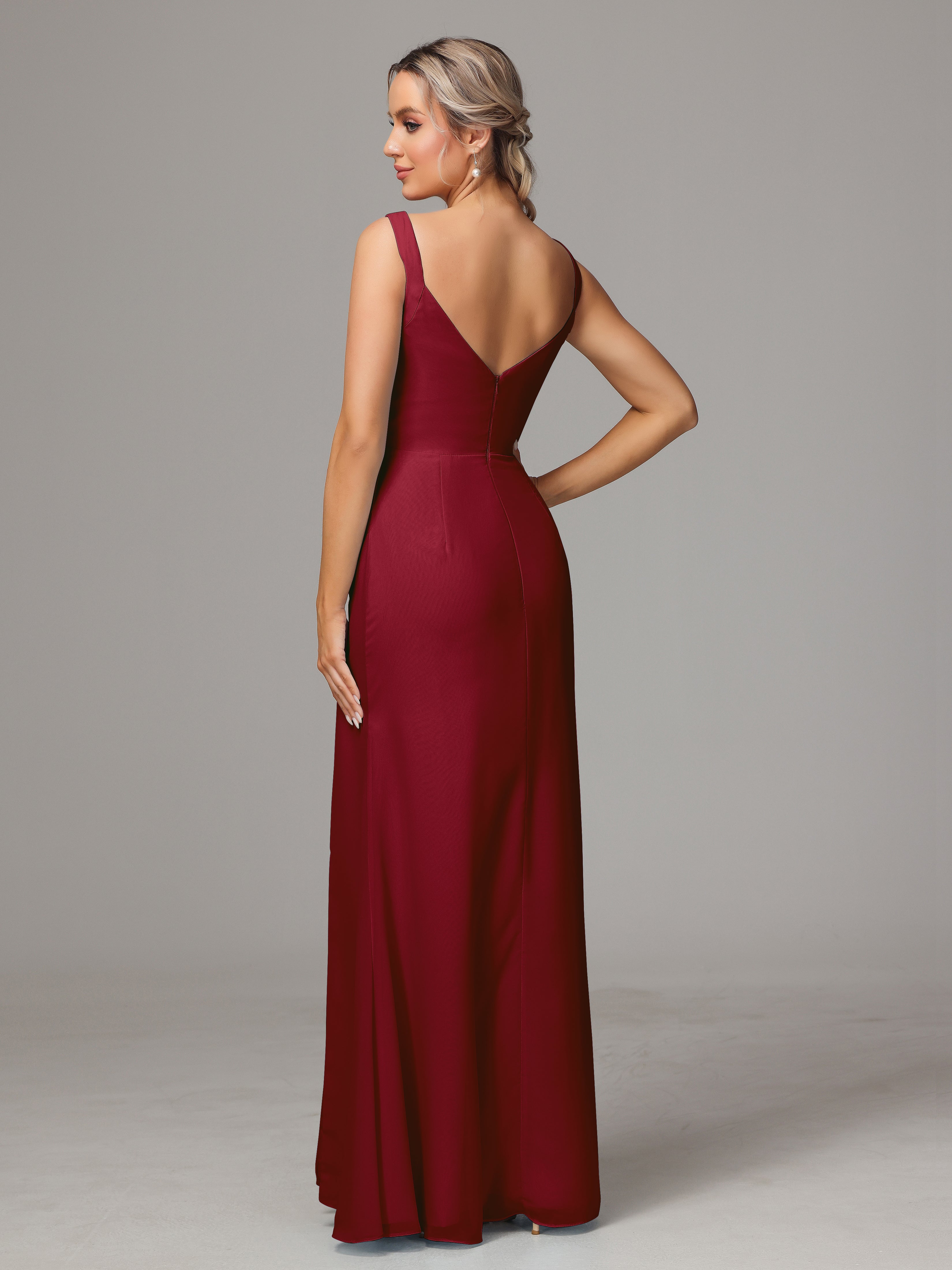 Robe Demoiselle D Honneur Rouge Bordeaux Dos V Fendue Devant Mousseline Robe Demoiselle D'Honneur