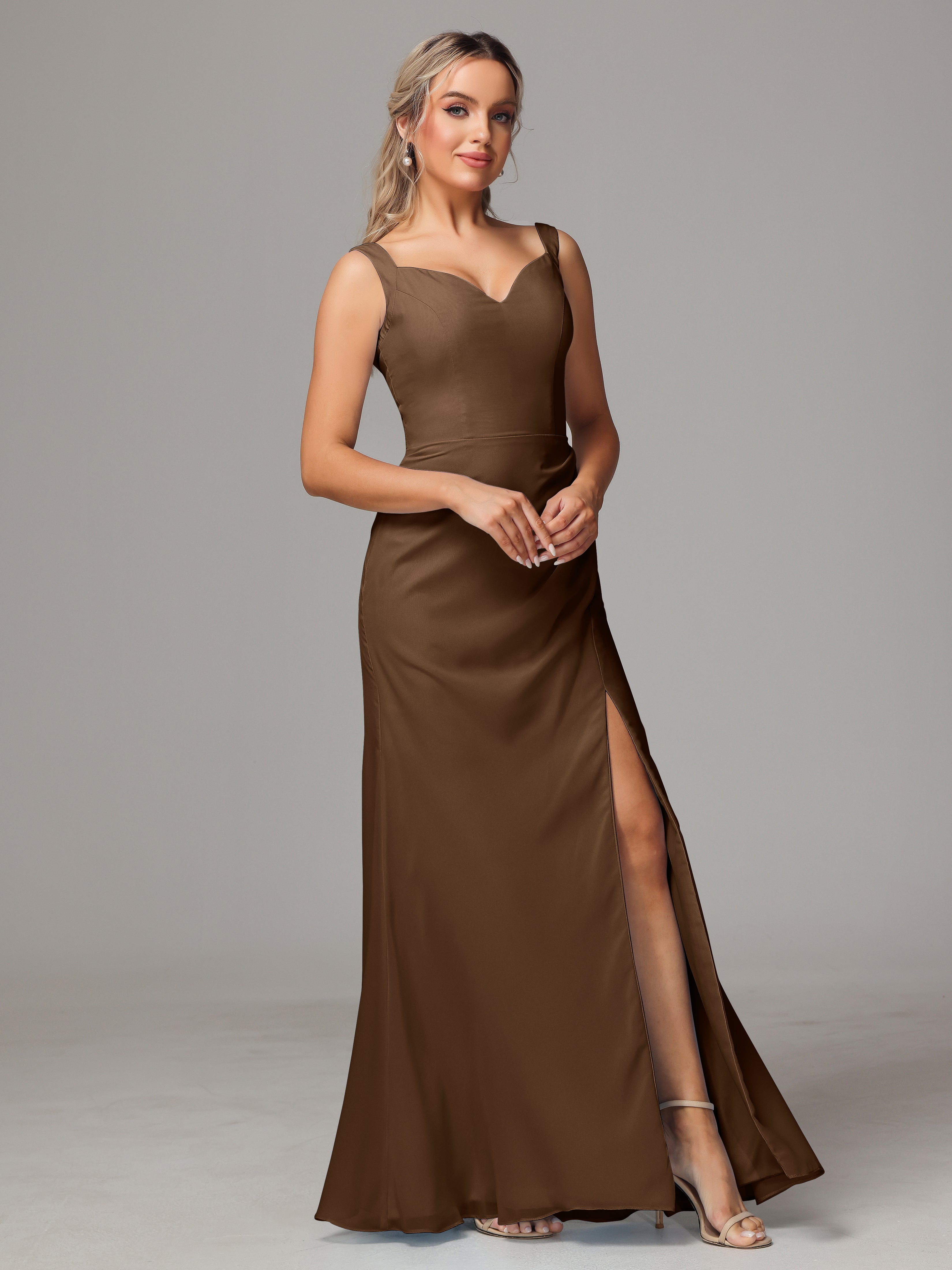 Robe Demoiselle D Honneur Brun Dos V Fendue Devant Mousseline Robe Demoiselle D'Honneur