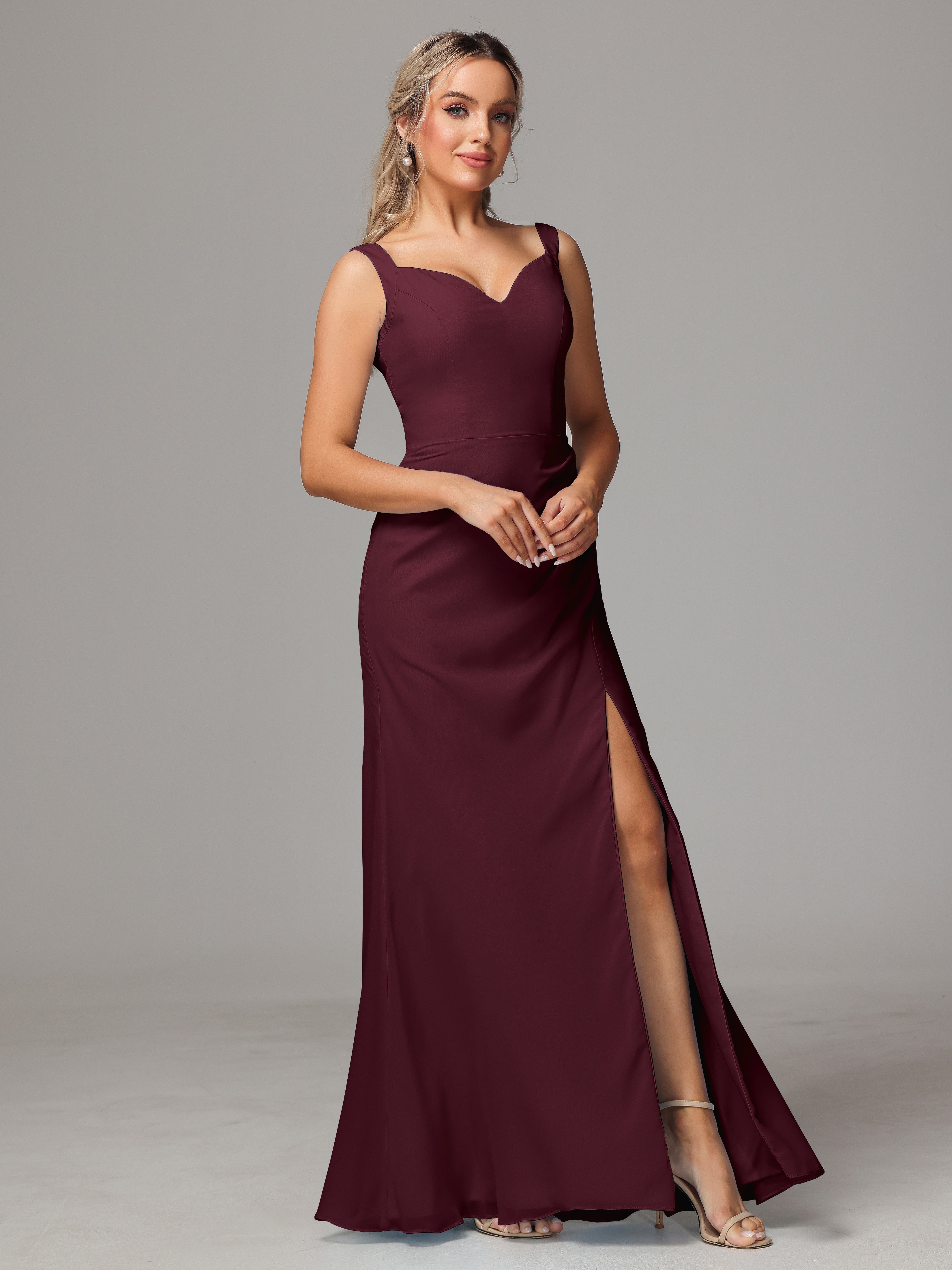 Robes De Demoiselle D'Honneur Cabernet Dos V Fendue Devant Mousseline Robe Demoiselle D'Honneur