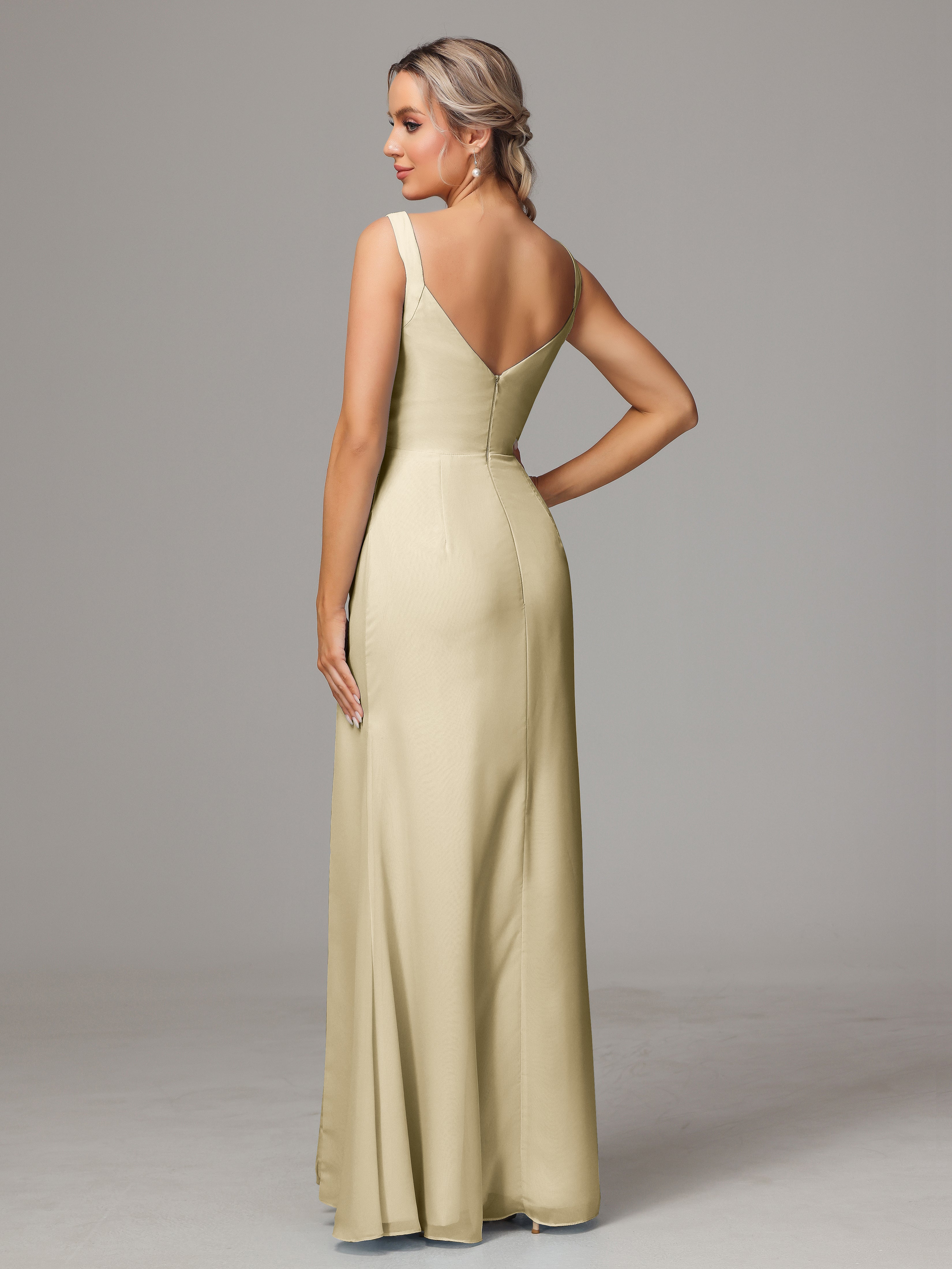 Robes De Demoiselle D'Honneur Champagne Dos V Fendue Devant Mousseline Robe Demoiselle D'Honneur
