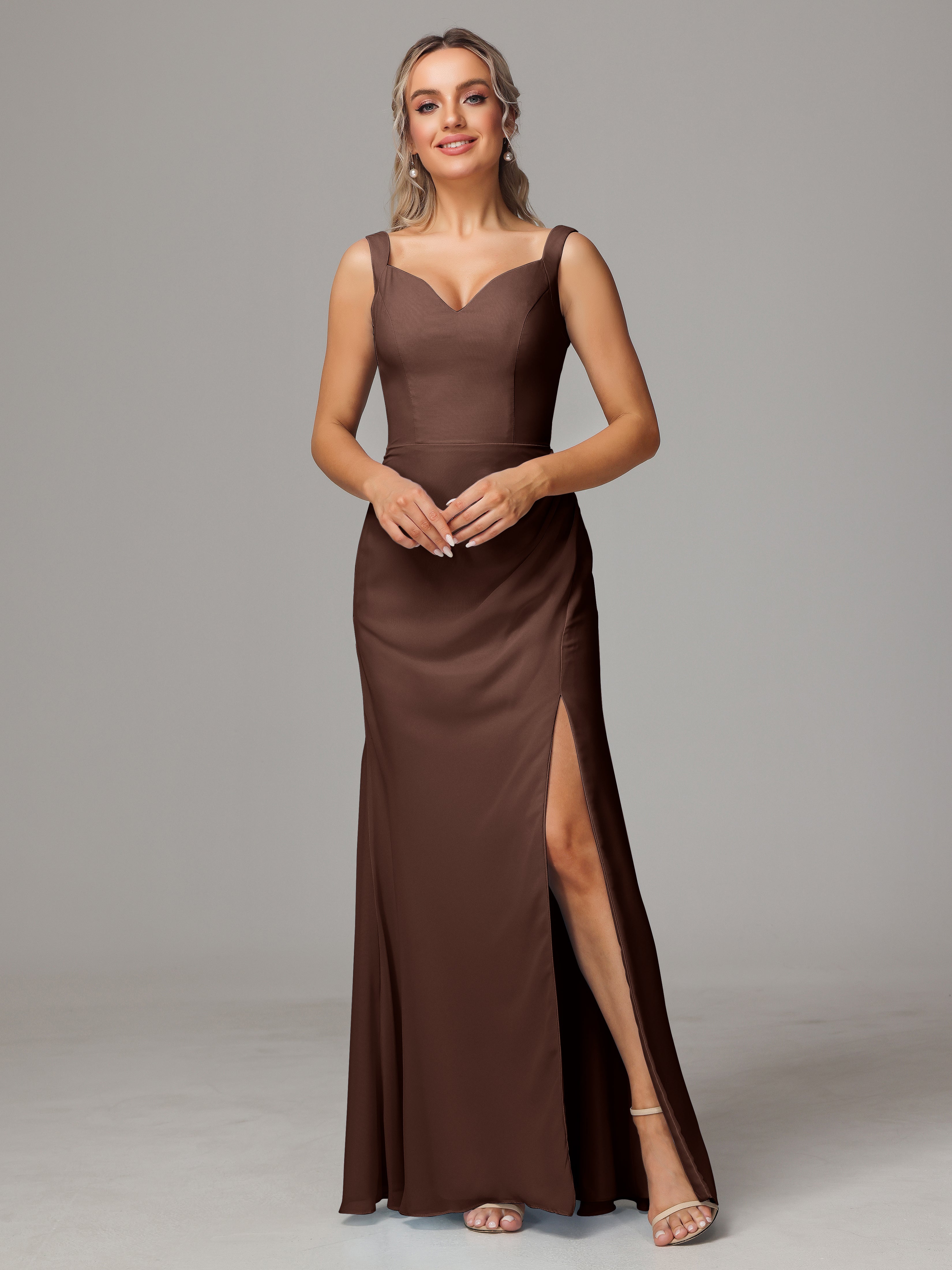 Robe Chocolat Demoiselle D Honneur Dos V Fendue Devant Mousseline Robe Demoiselle D'Honneur