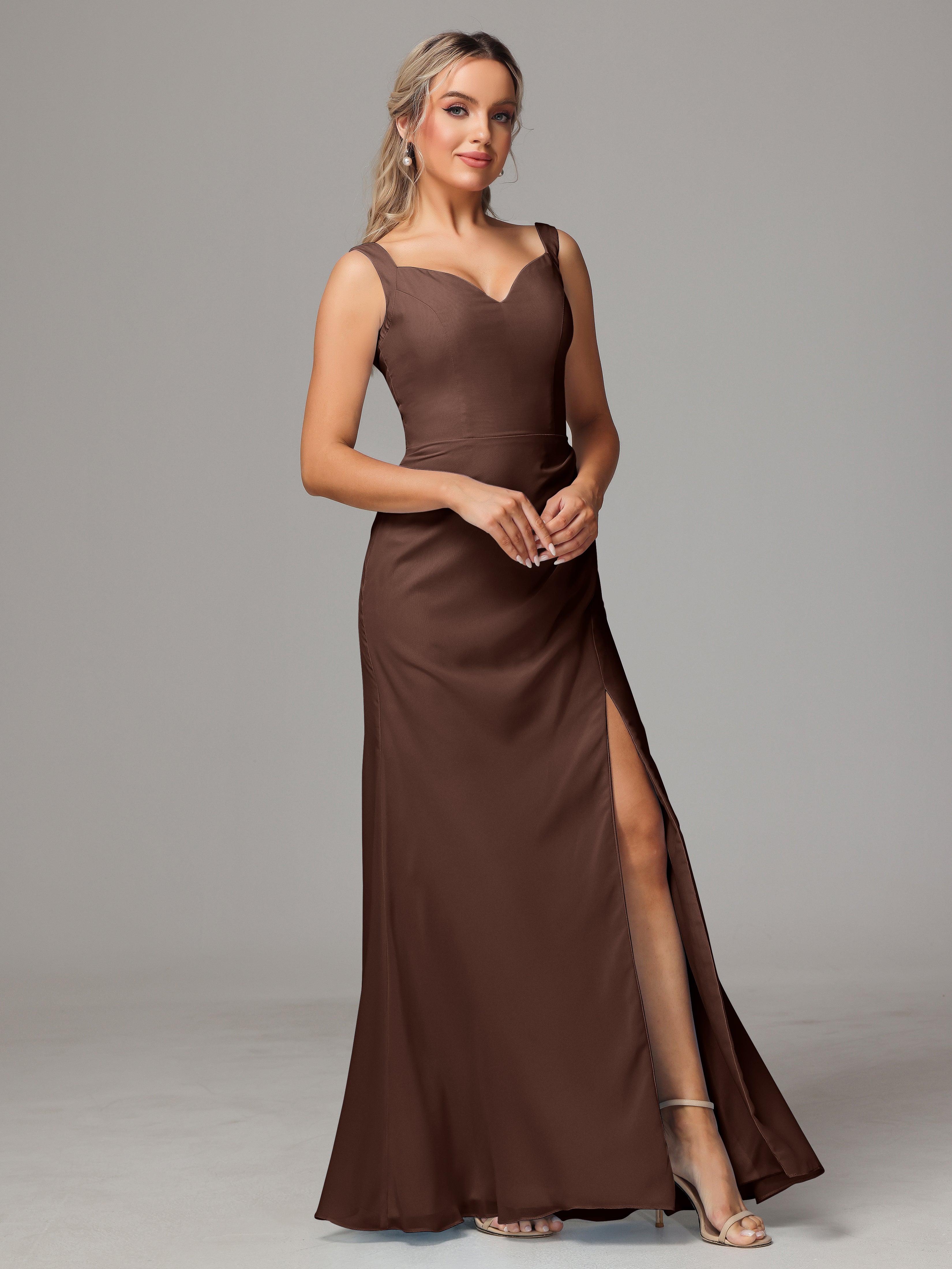 Robe Chocolat Demoiselle D Honneur Dos V Fendue Devant Mousseline Robe Demoiselle D'Honneur