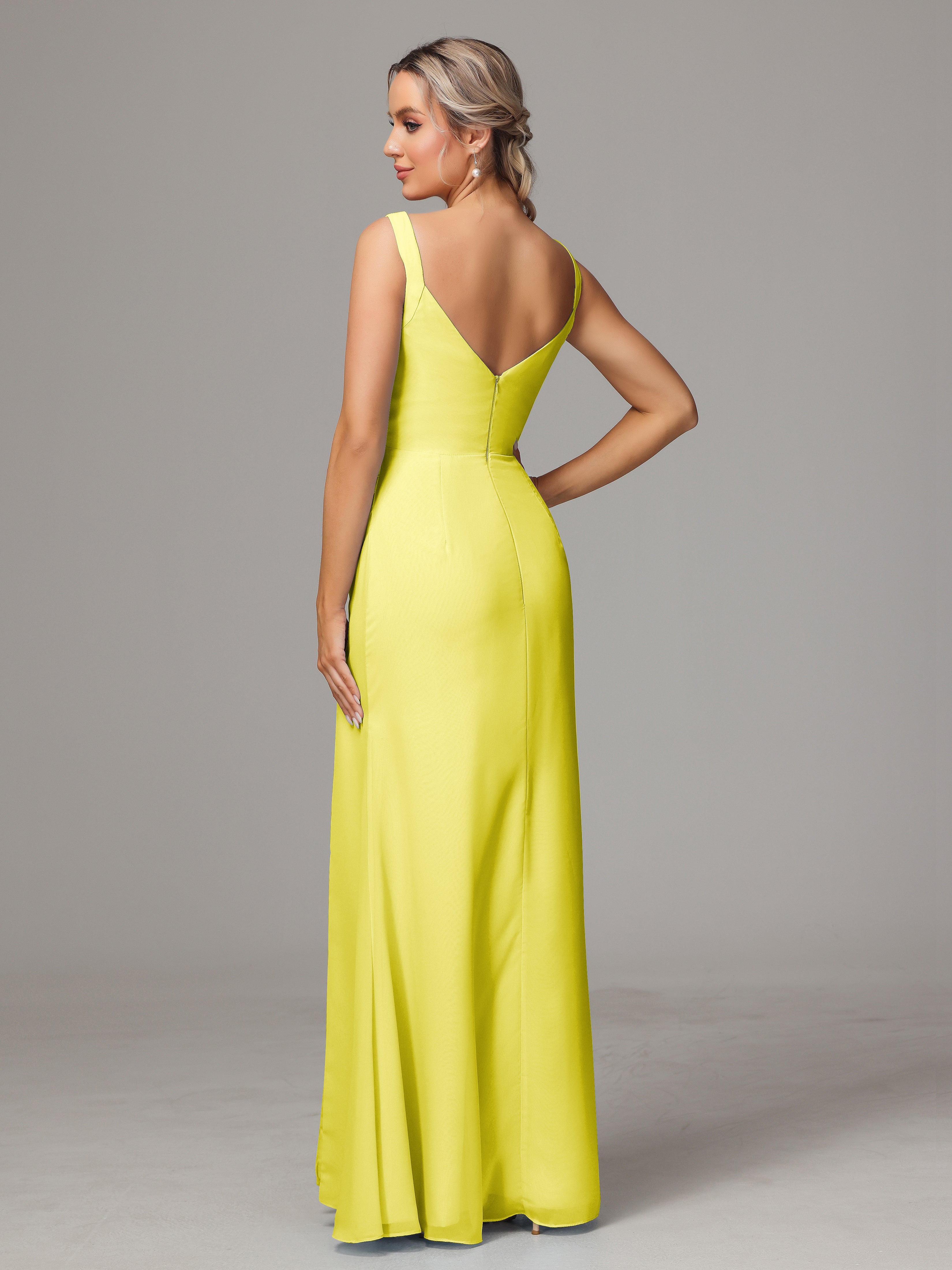 Robes De Demoiselle D'Honneur Citron Dos V Fendue Devant Mousseline Robe Demoiselle D'Honneur