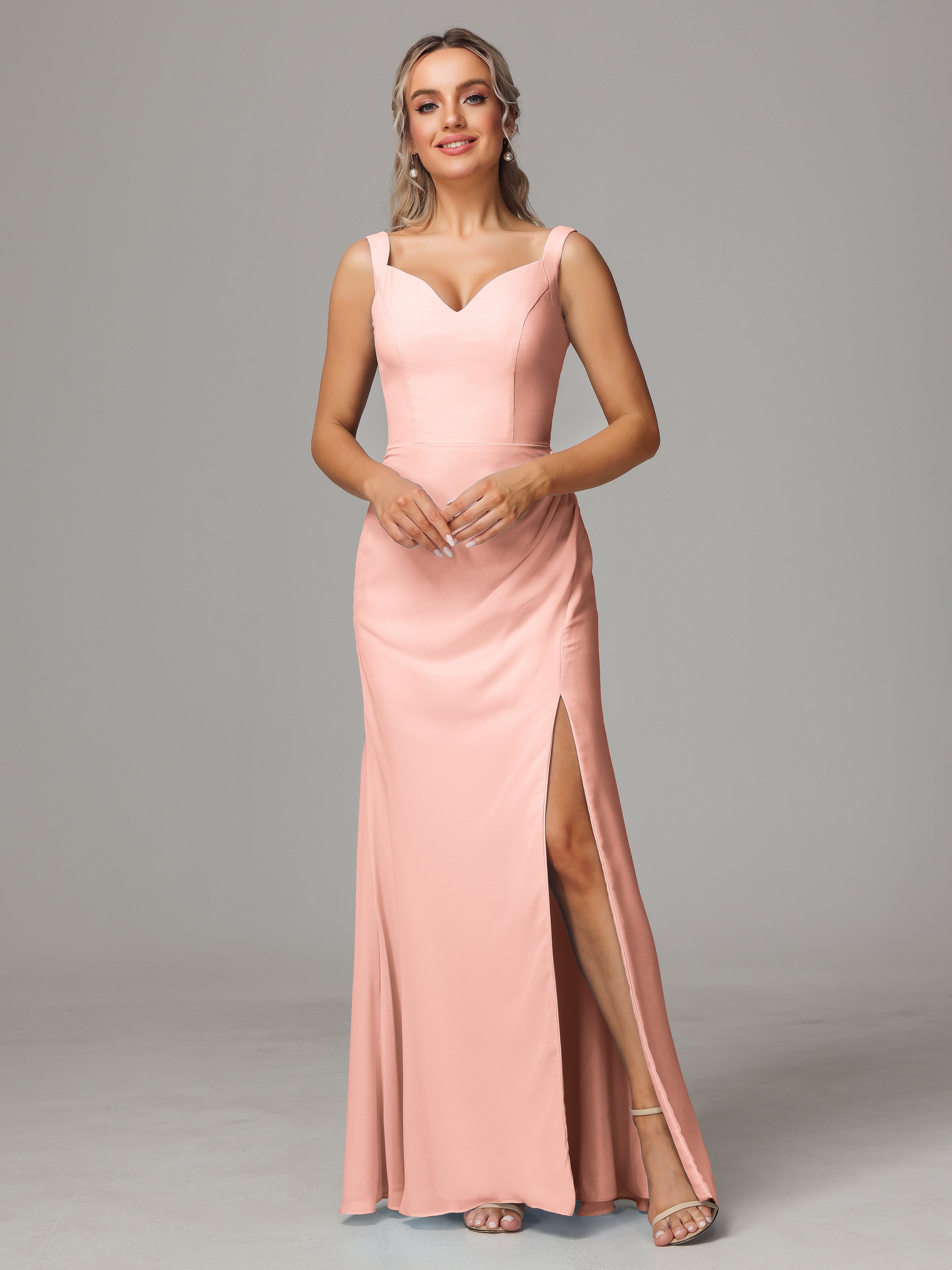 Robes Demoiselle D Honneur Corail Dos V Fendue Devant Mousseline Robe Demoiselle D'Honneur