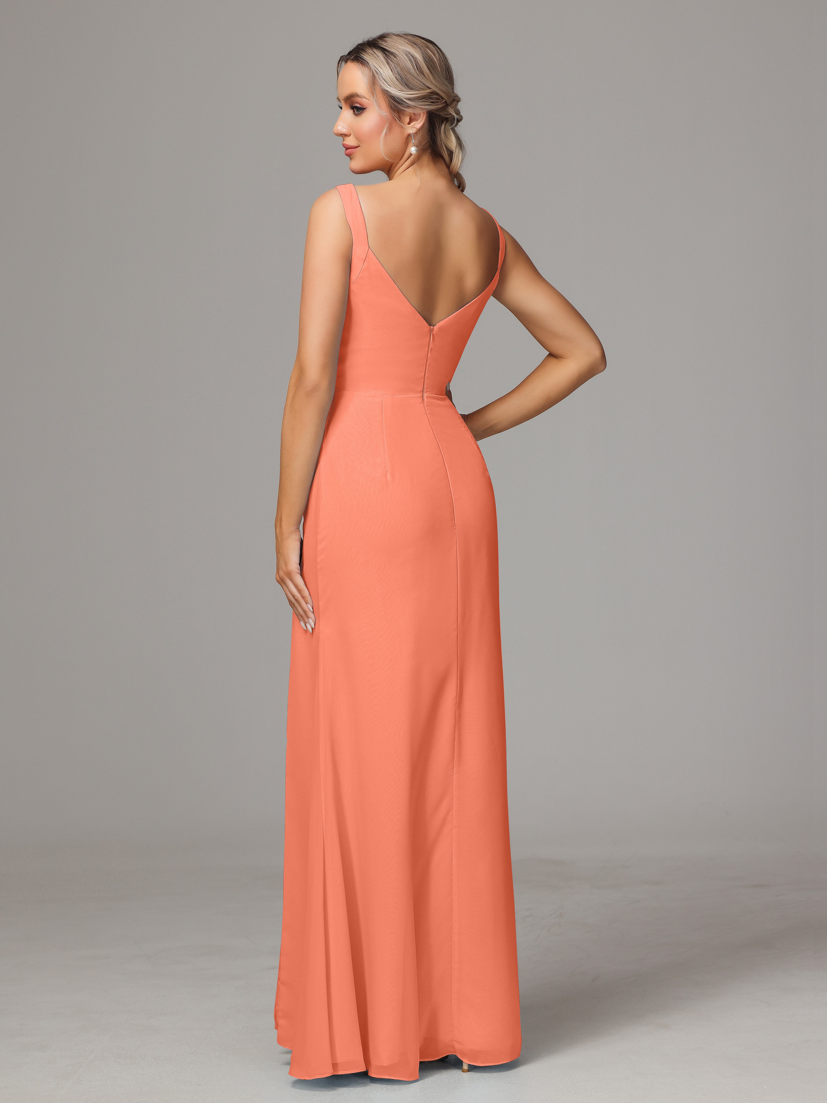 Robes De Demoiselle D'Honneur Coucher De Soleil Dos V Fendue Devant Mousseline Robe Demoiselle D'Honneur