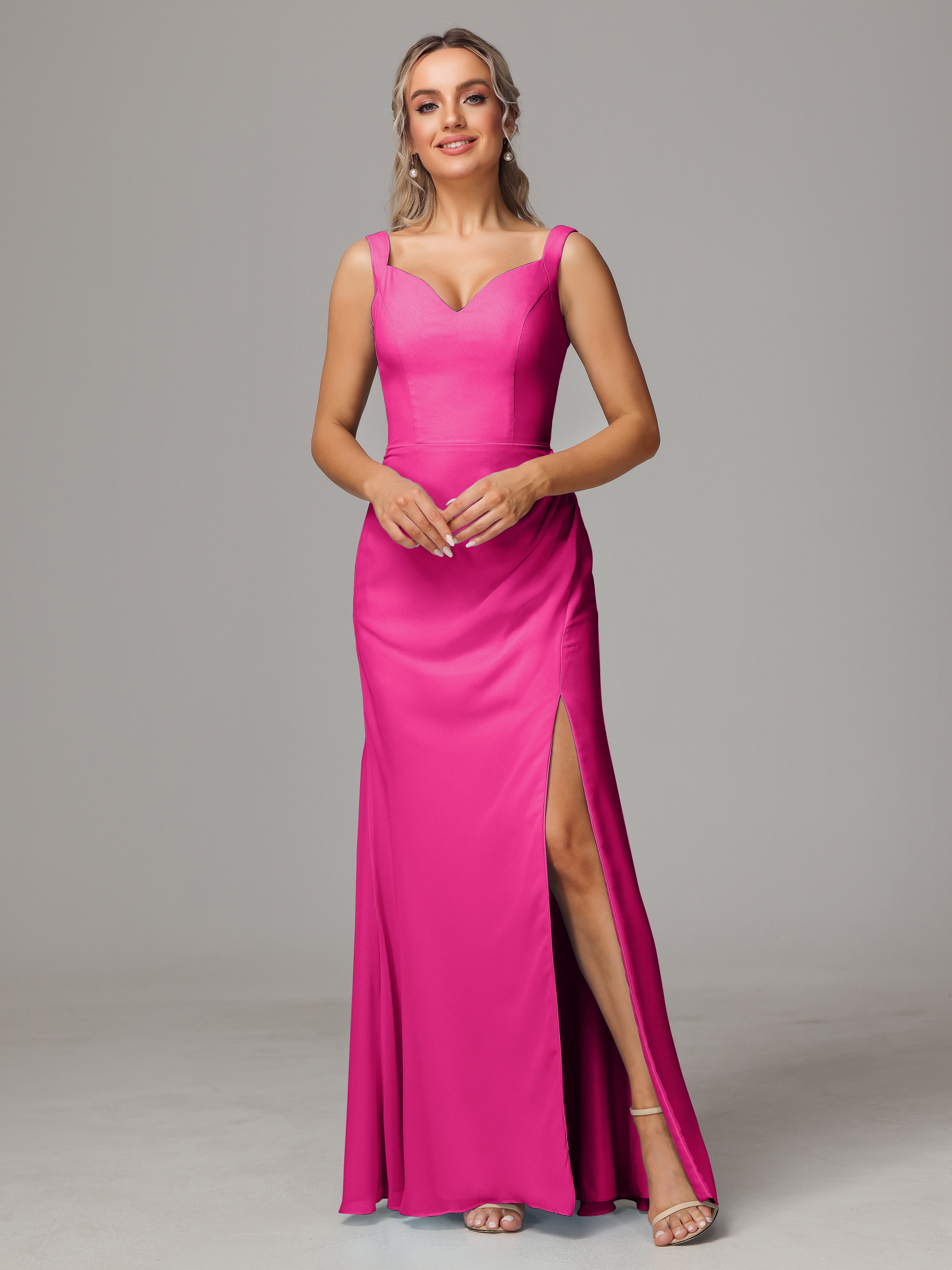 Robes De Demoiselle D'Honneur Rose Fuchsia Dos V Fendue Devant Mousseline Robe Demoiselle D'Honneur