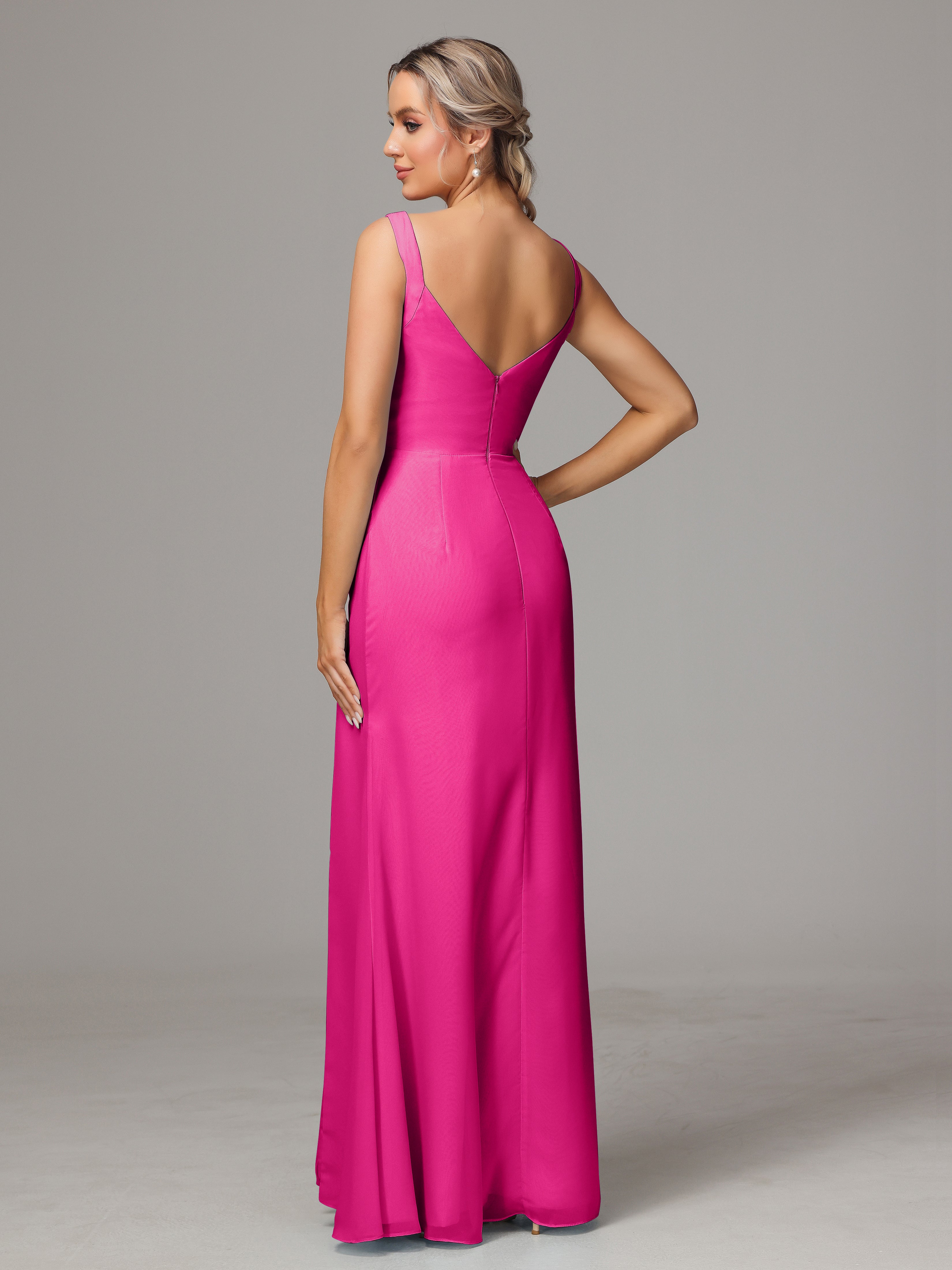 Robes De Demoiselle D'Honneur Rose Fuchsia Dos V Fendue Devant Mousseline Robe Demoiselle D'Honneur