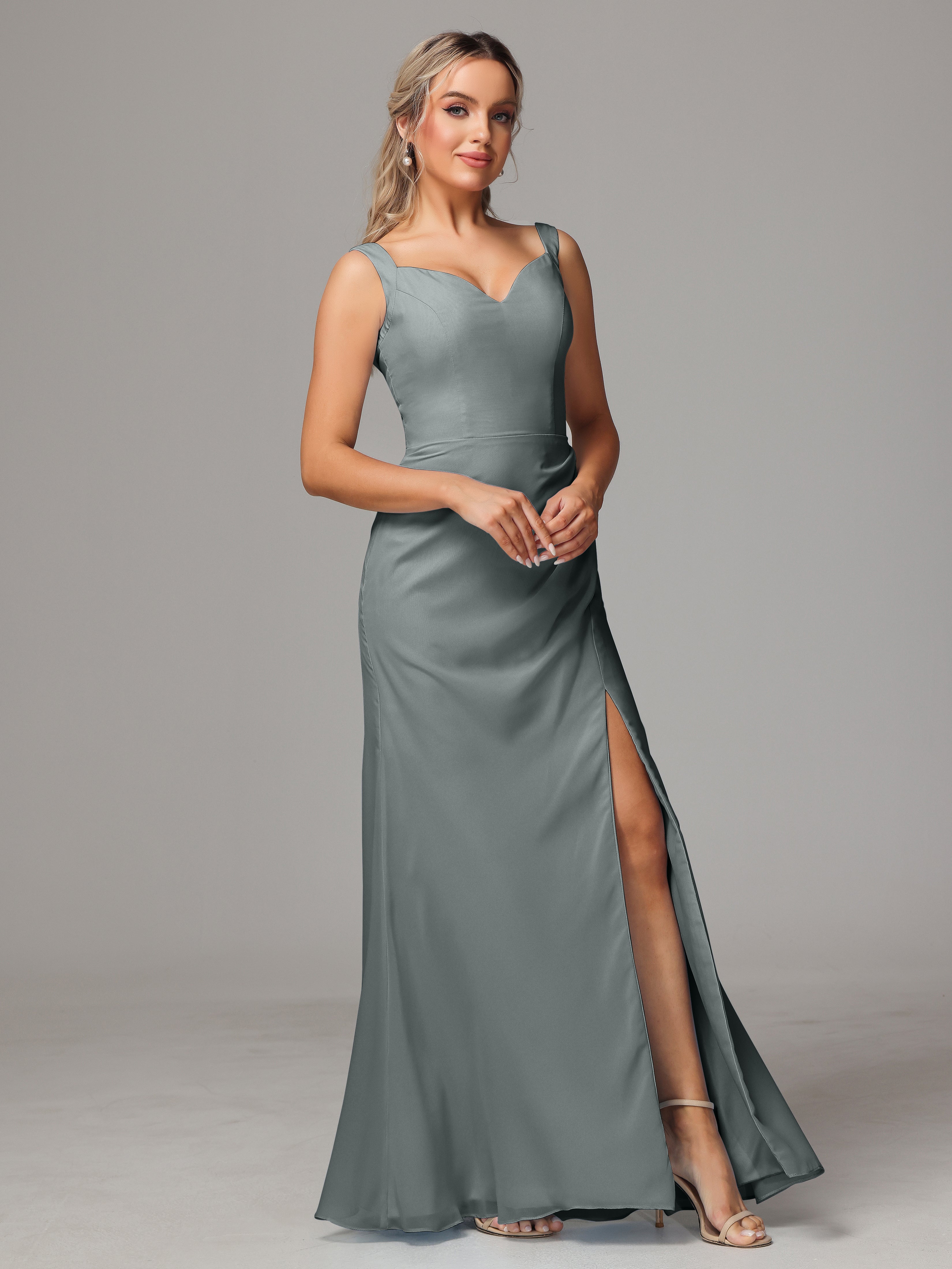 Robe Longue Grise Demoiselle D Honneur Dos V Fendue Devant Mousseline Robe Demoiselle D'Honneur