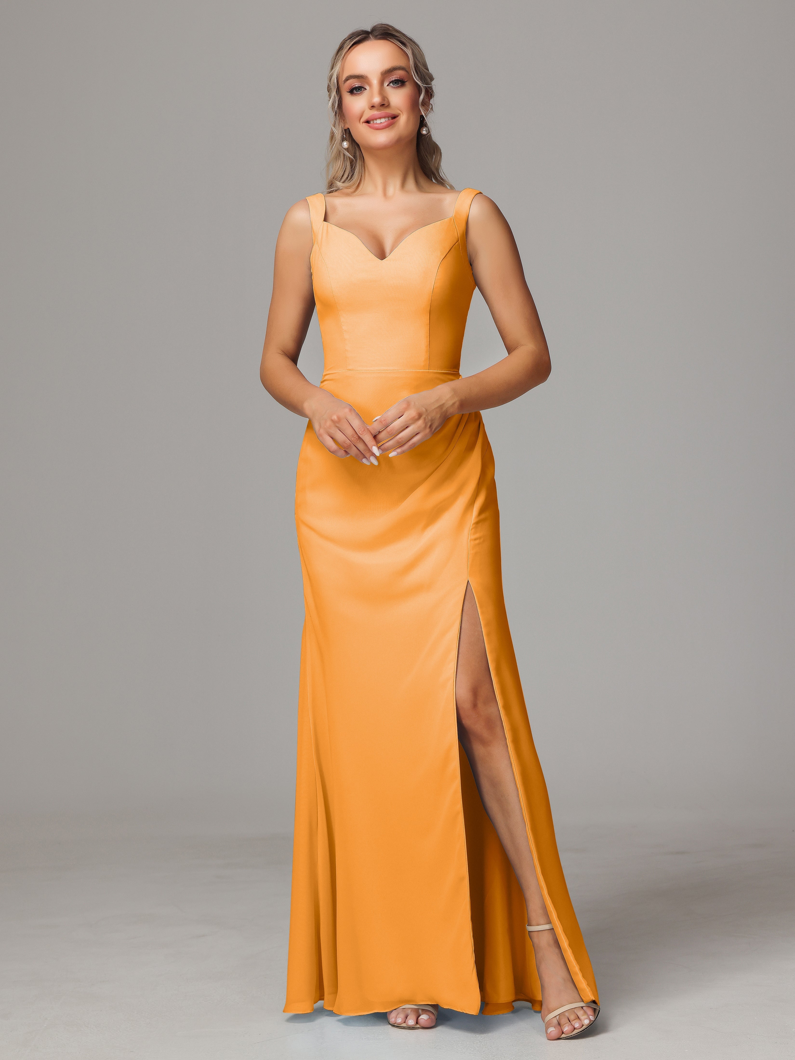 Robes De Demoiselle D'Honneur Mandarine Dos V Fendue Devant Mousseline Robe Demoiselle D'Honneur