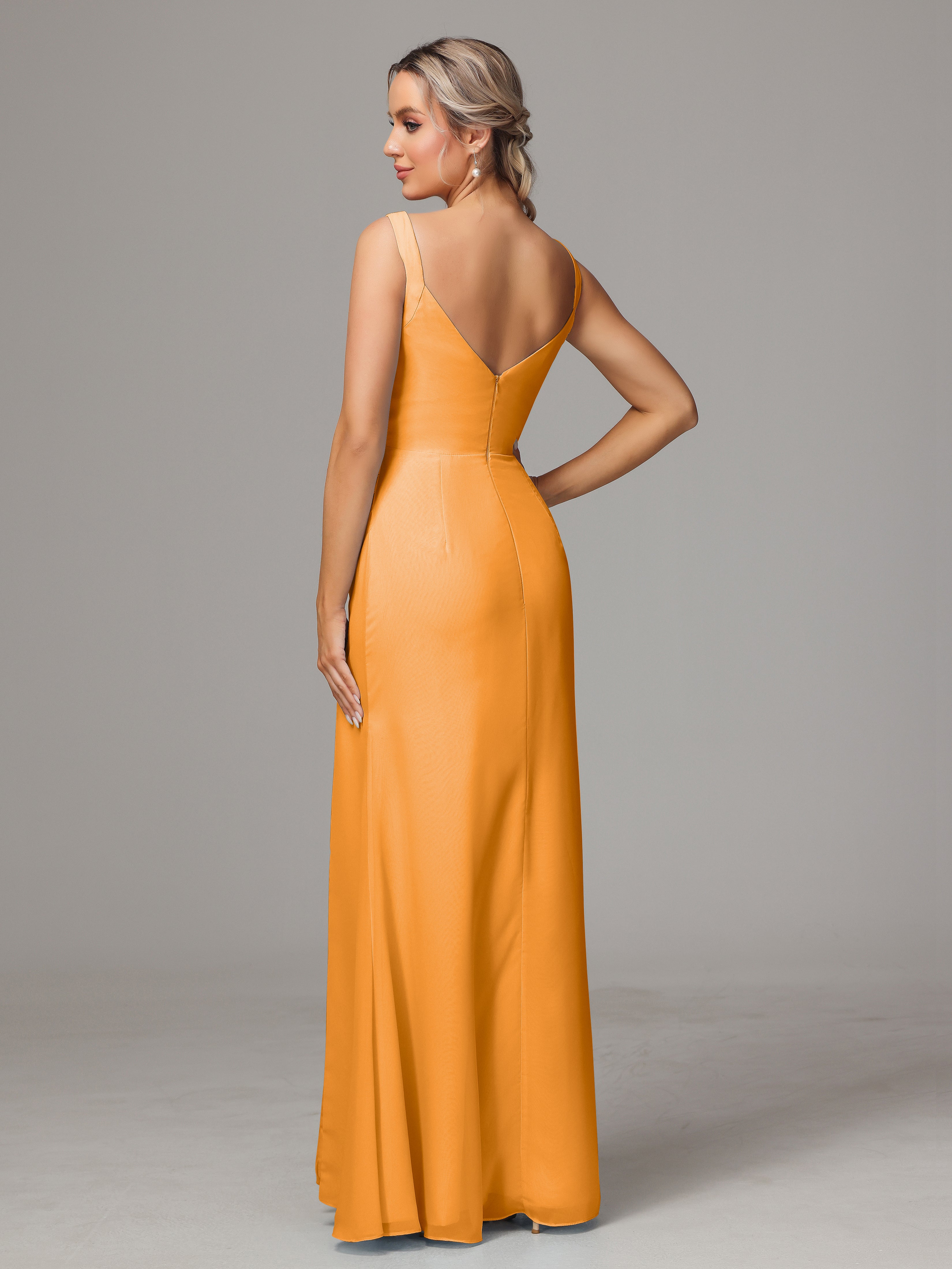 Robes De Demoiselle D'Honneur Mandarine Dos V Fendue Devant Mousseline Robe Demoiselle D'Honneur