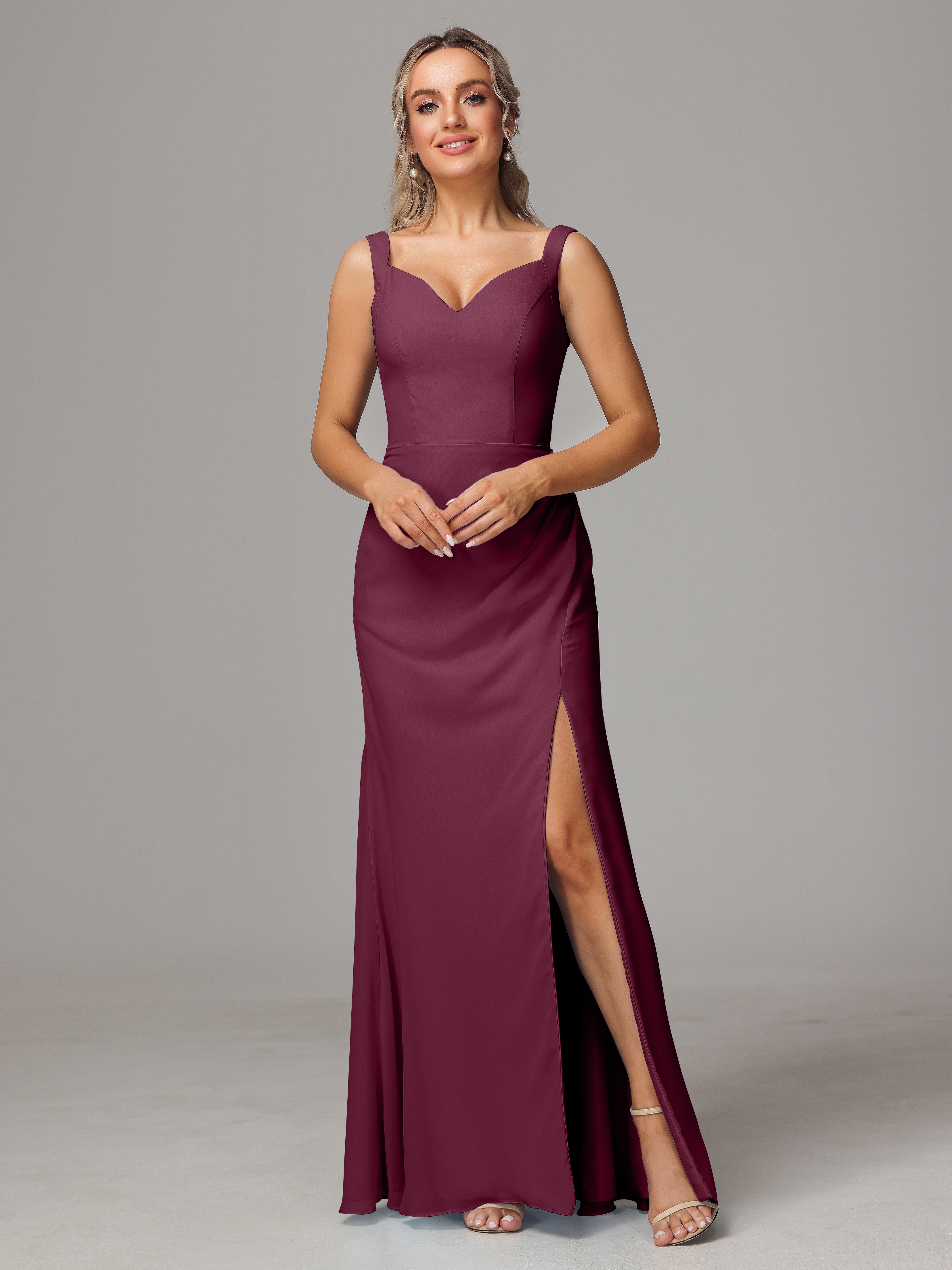 Robes De Demoiselle D'Honneur Mûre Dos V Fendue Devant Mousseline Robe Demoiselle D'Honneur