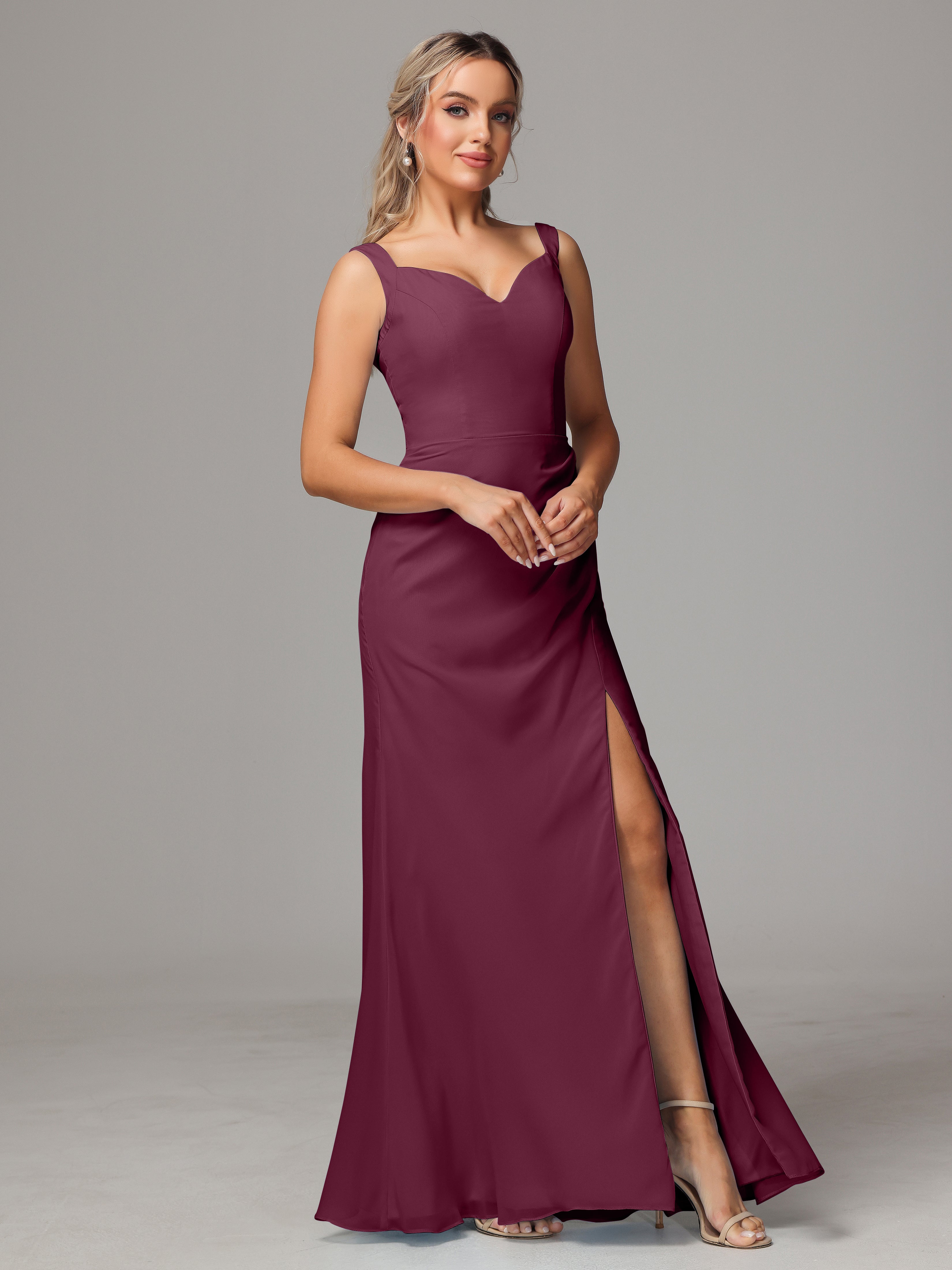 Robes De Demoiselle D'Honneur Mûre Dos V Fendue Devant Mousseline Robe Demoiselle D'Honneur