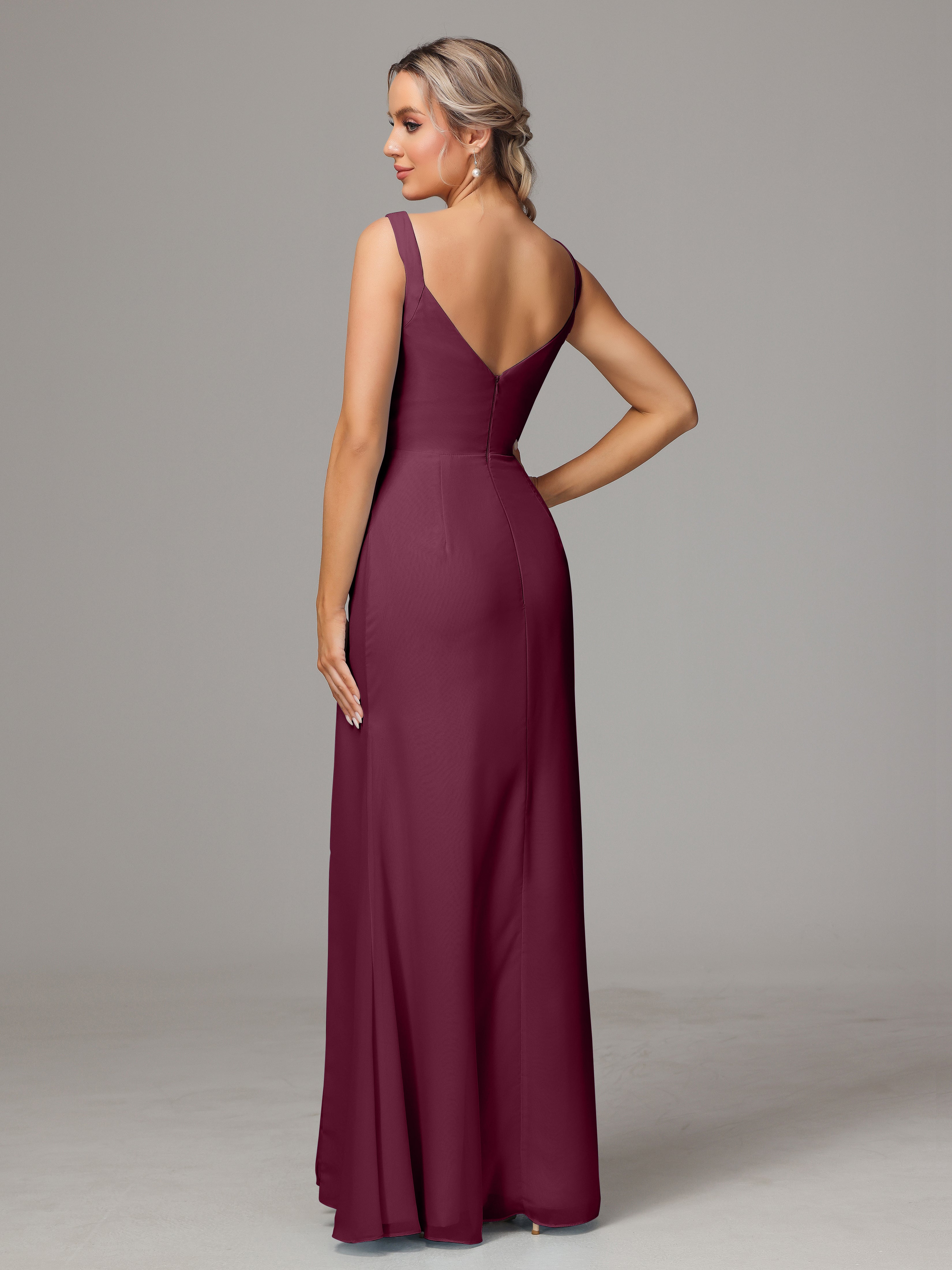 Robes De Demoiselle D'Honneur Mûre Dos V Fendue Devant Mousseline Robe Demoiselle D'Honneur