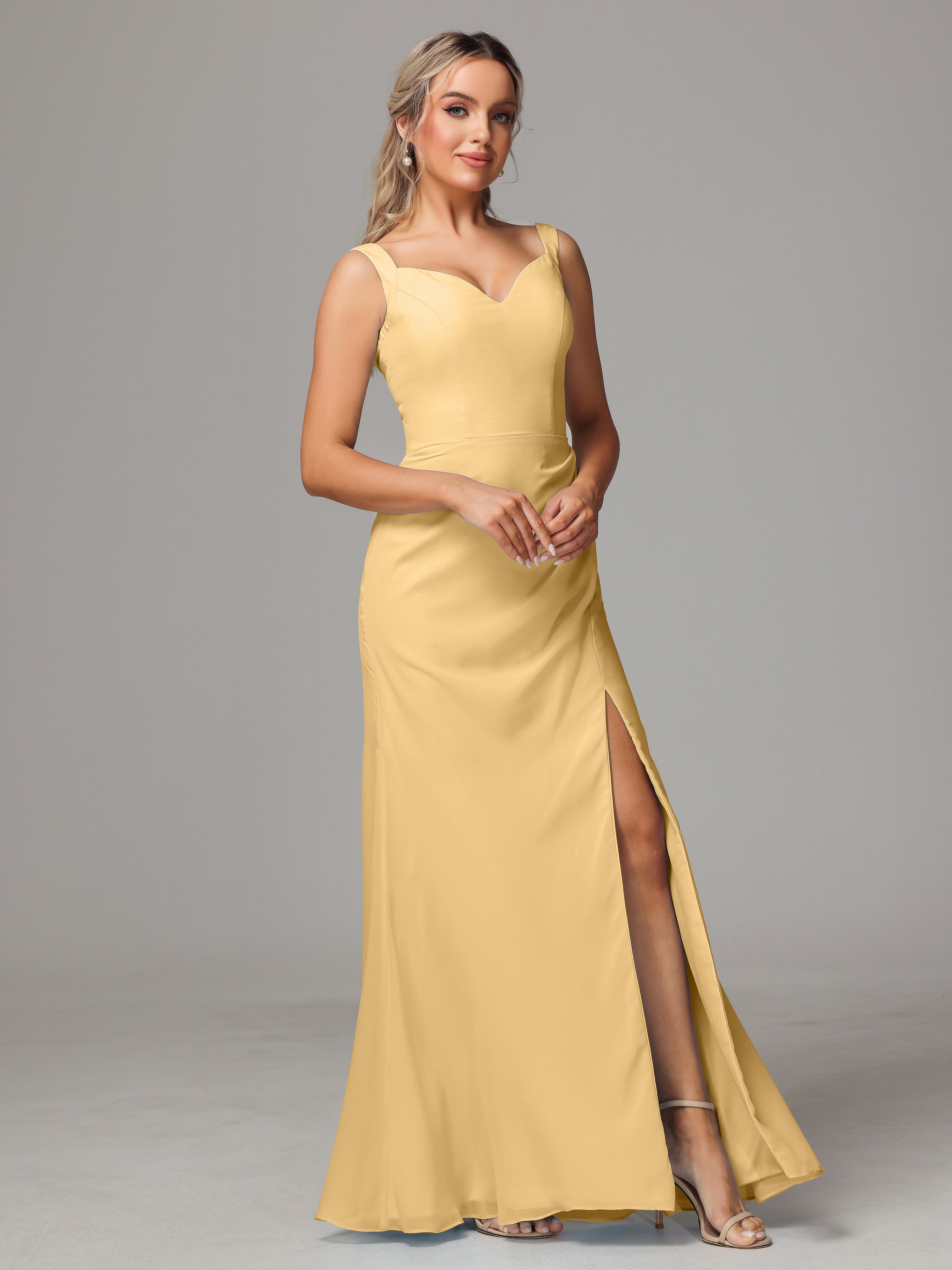 Robe Doré Demoiselle D Honneur Dos V Fendue Devant Mousseline Robe Demoiselle D'Honneur