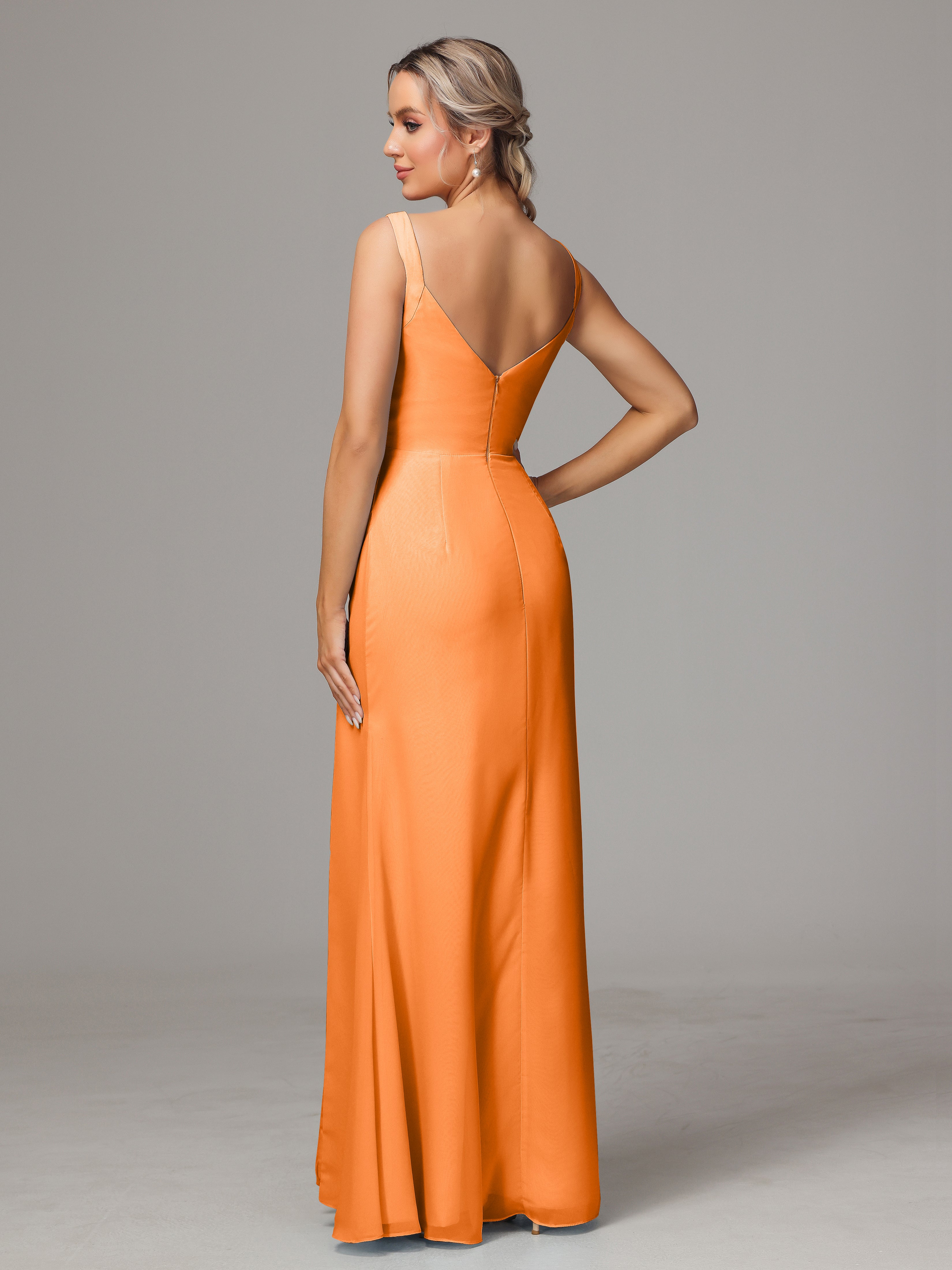 Robes De Demoiselle D'Honneur Orange Dos V Fendue Devant Mousseline Robe Demoiselle D'Honneur