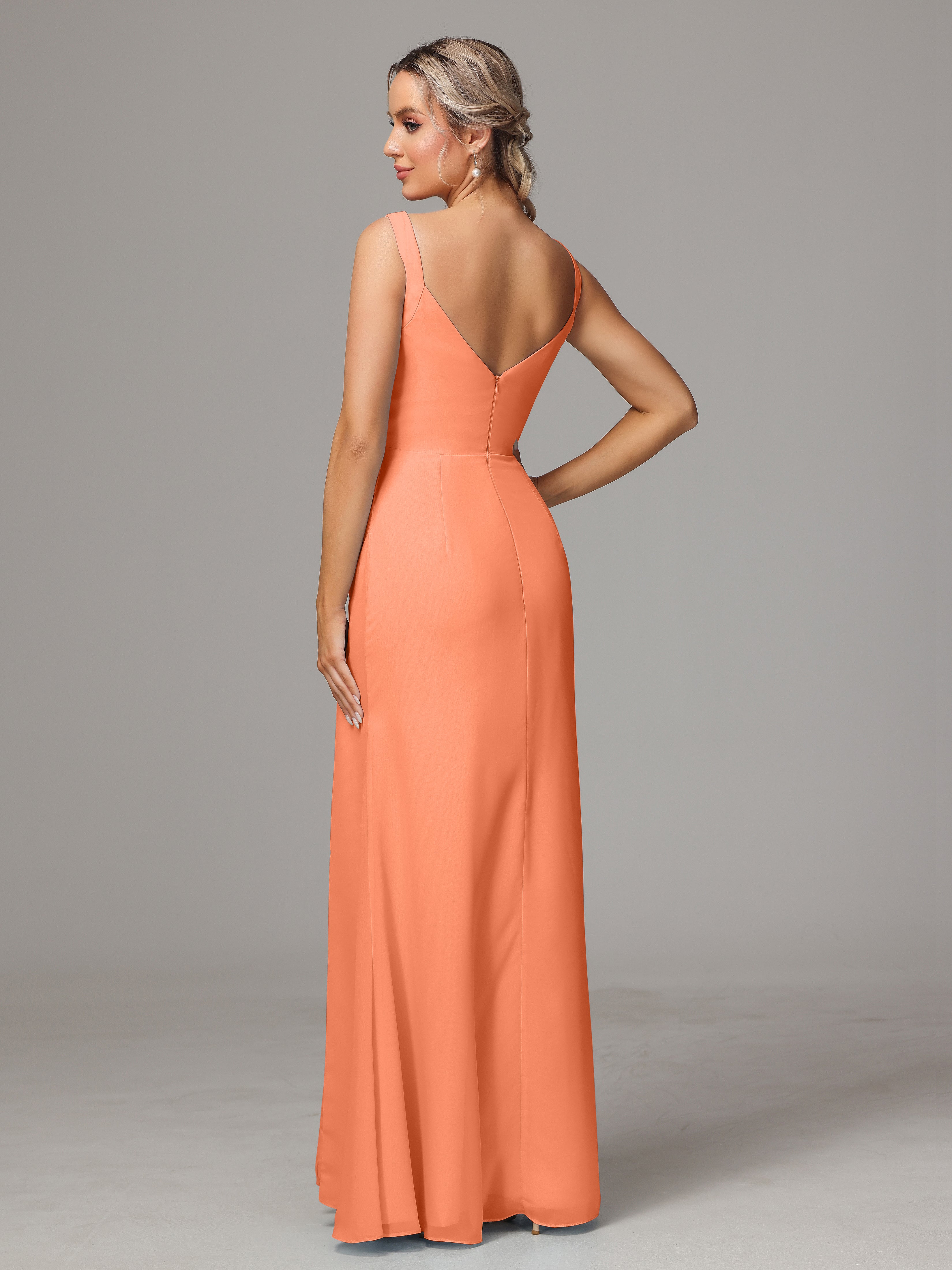 Robes De Demoiselle D'Honneur Papaye Dos V Fendue Devant Mousseline Robe Demoiselle D'Honneur