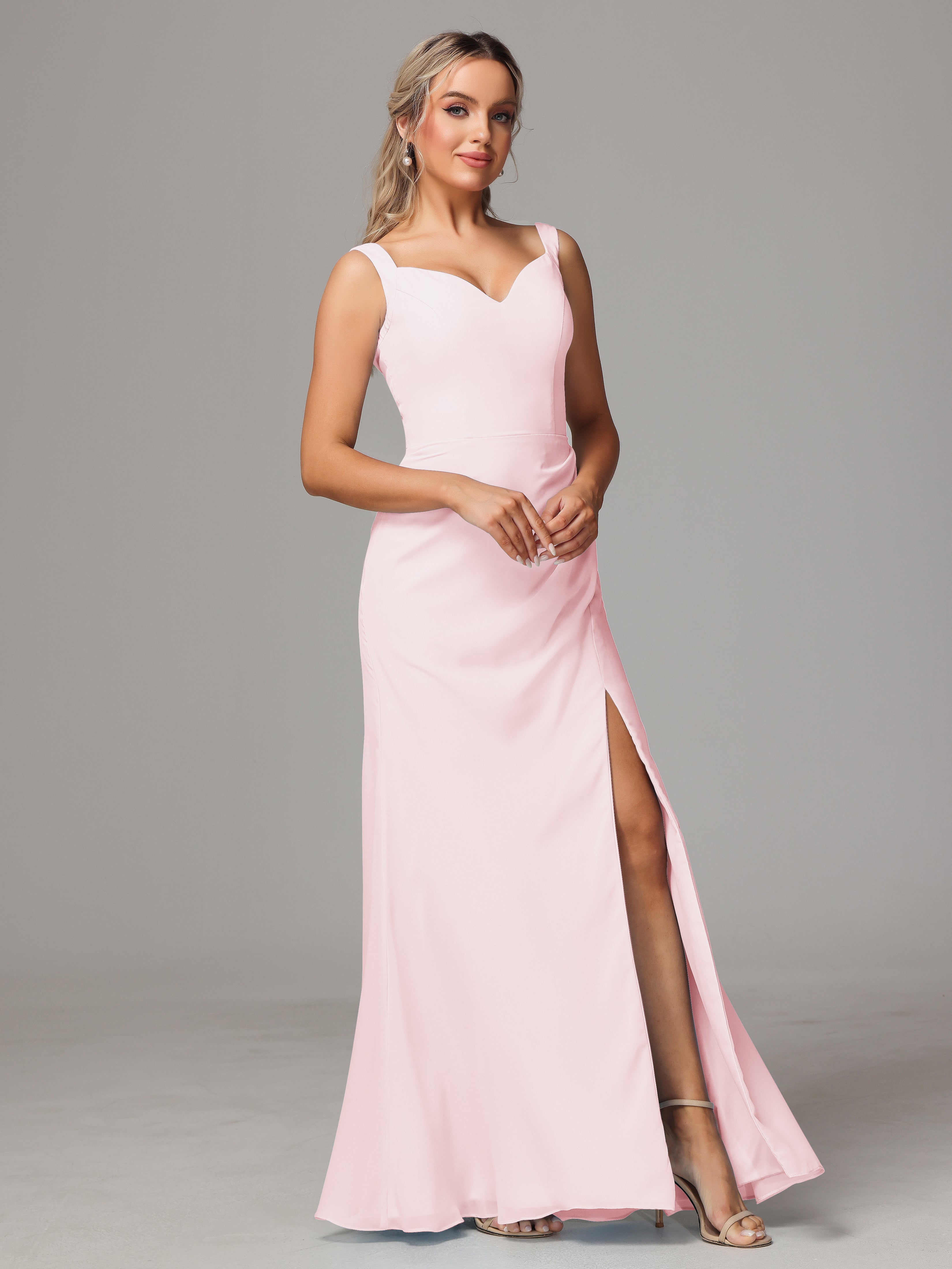 Demoiselle D Honneur Robe Rose Pale Dos V Fendue Devant Mousseline Robe Demoiselle D'Honneur