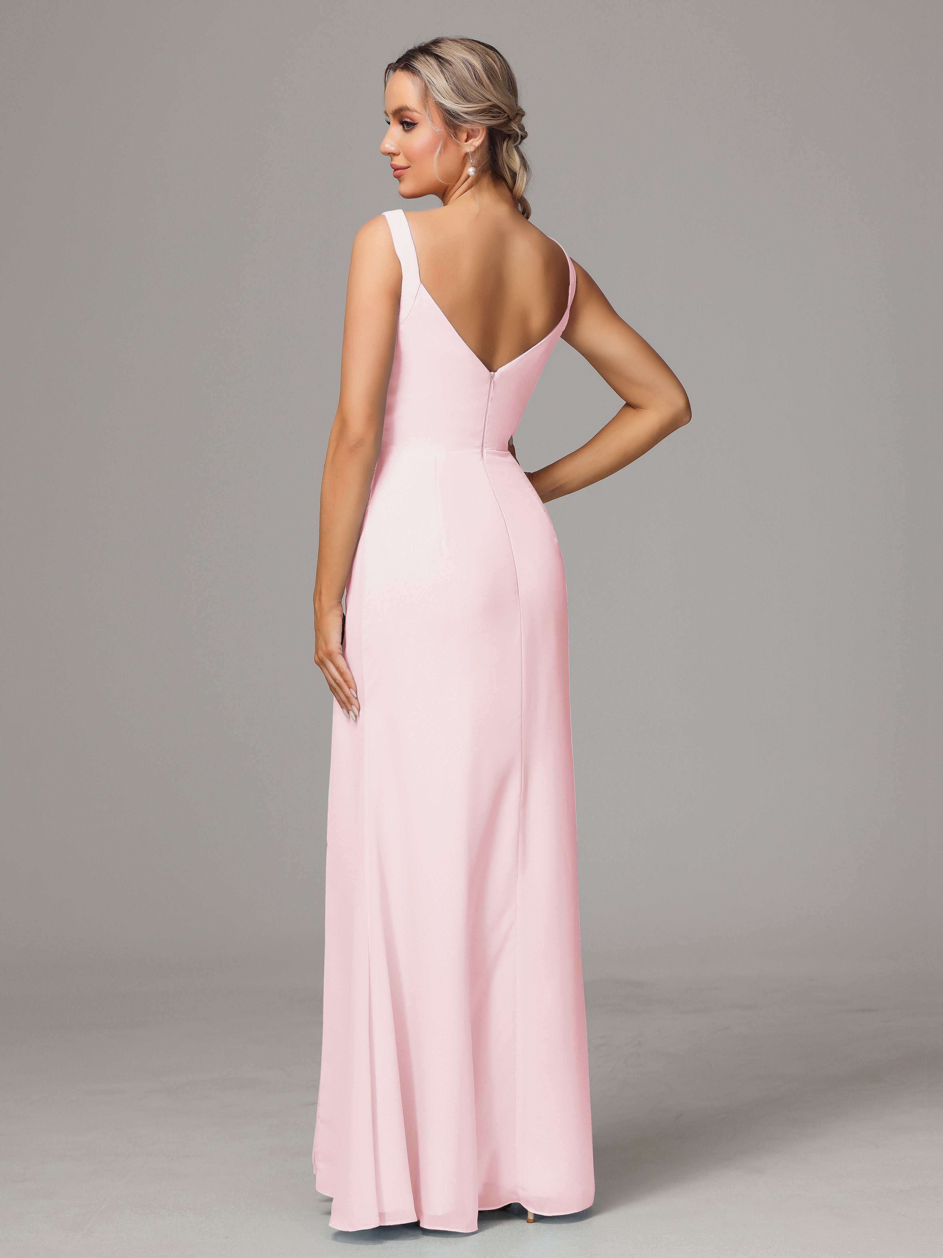 Demoiselle D Honneur Robe Rose Pale Dos V Fendue Devant Mousseline Robe Demoiselle D'Honneur