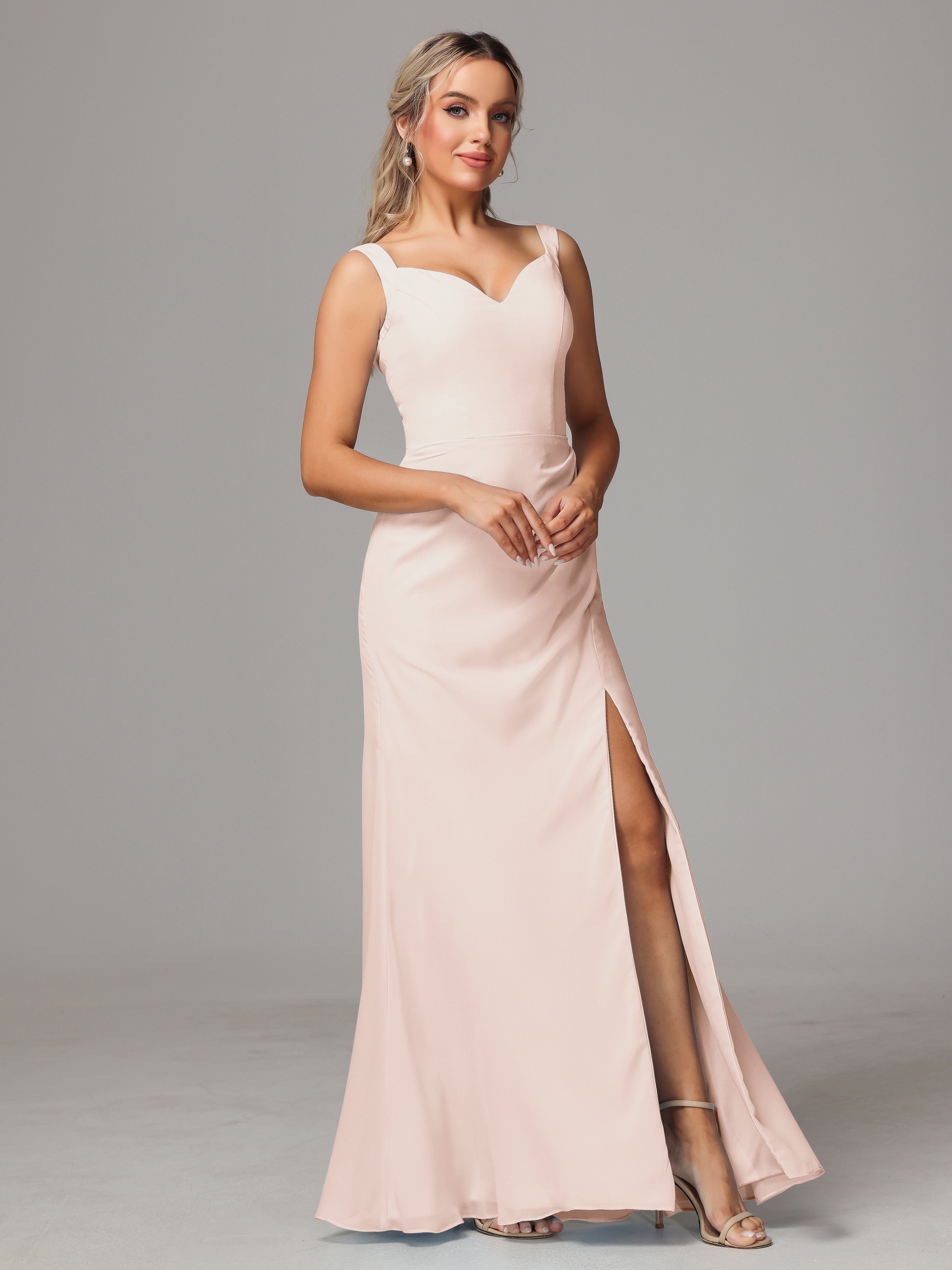 Robe Demoiselle D Honneur Rose Perle Dos V Fendue Devant Mousseline Robe Demoiselle D'Honneur