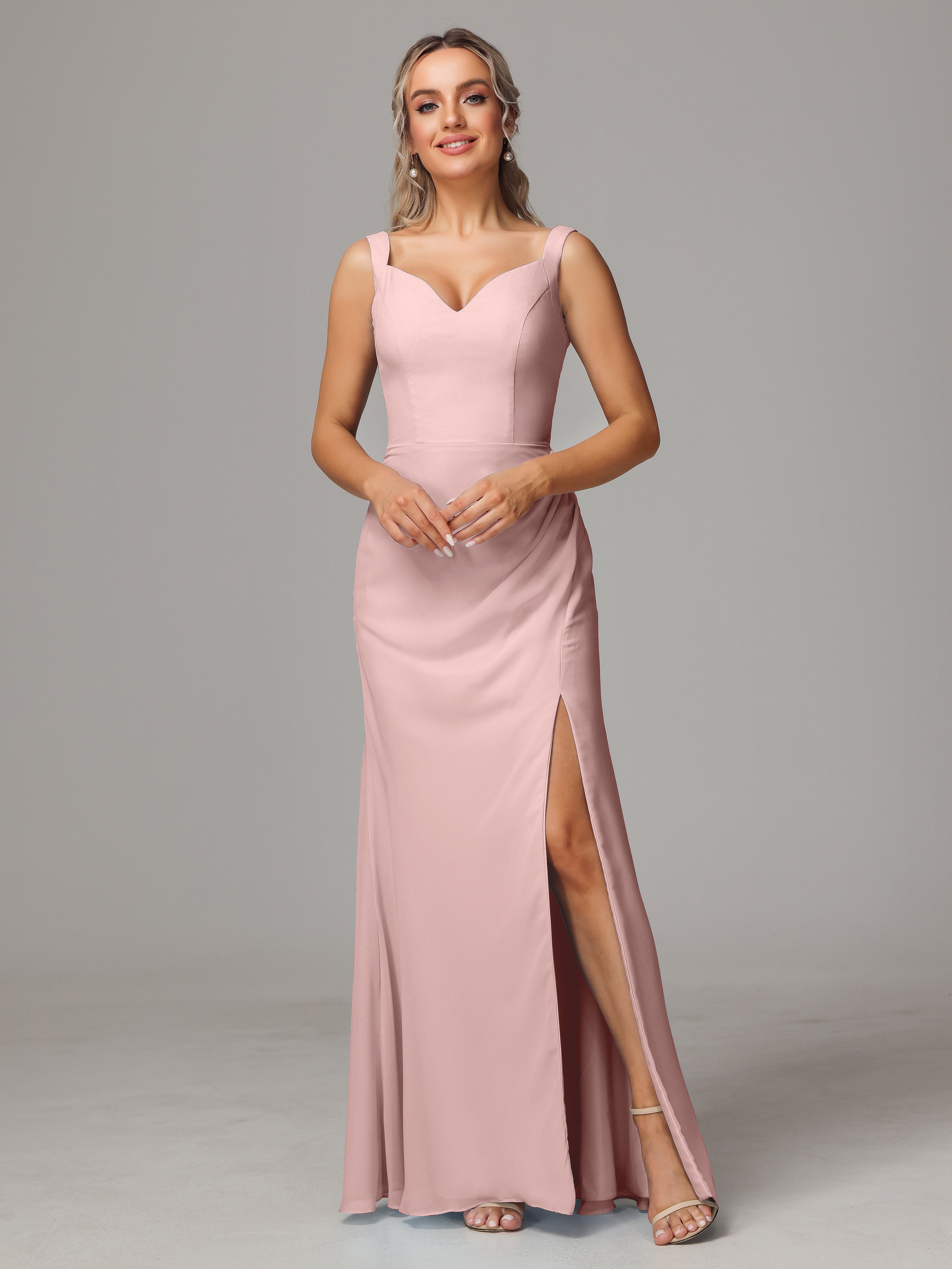 Robe Demoiselle D Honneur Rose Poudrée Dos V Fendue Devant Mousseline Robe Demoiselle D'Honneur