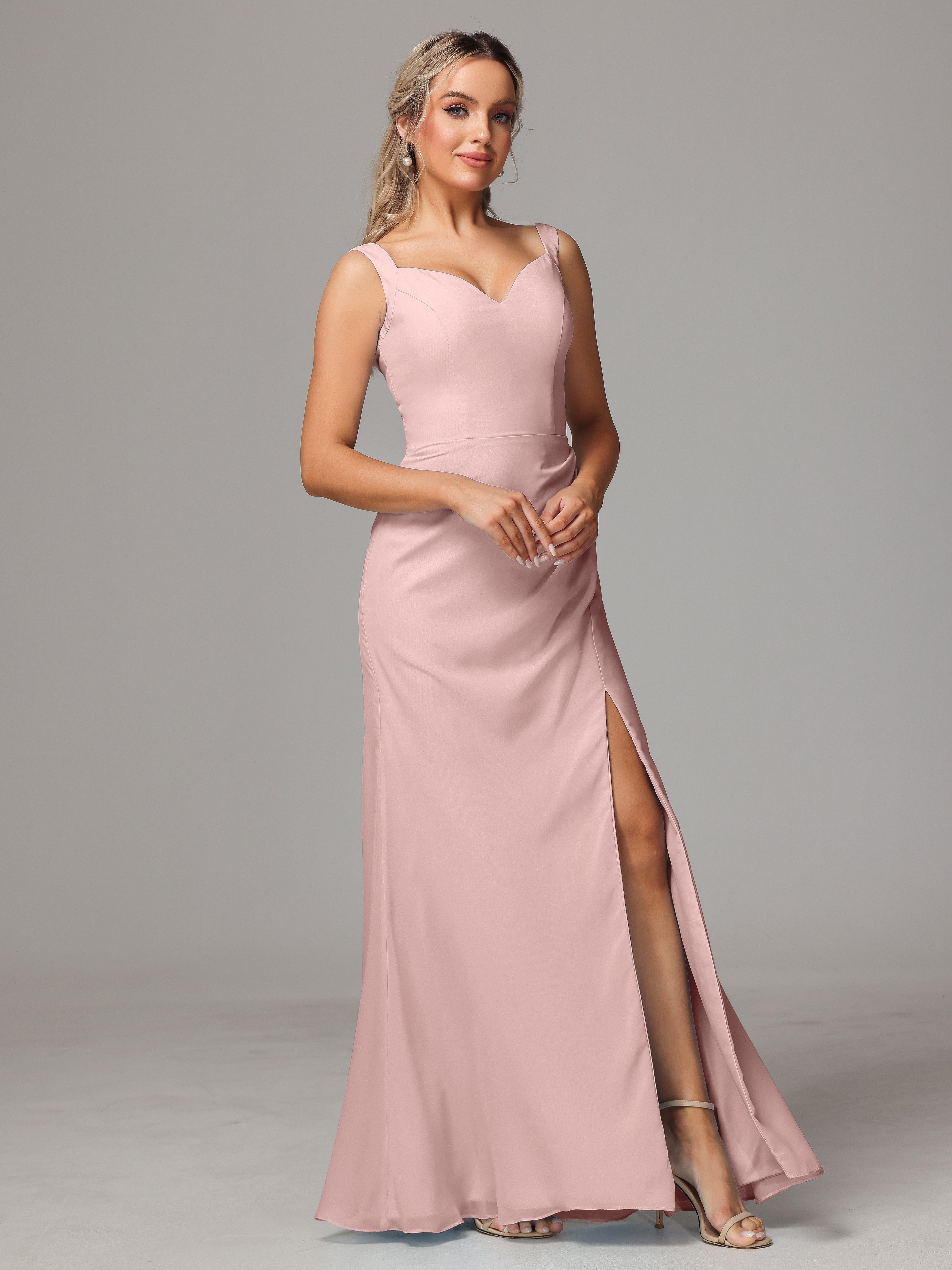 Robe Demoiselle D Honneur Rose Poudrée Dos V Fendue Devant Mousseline Robe Demoiselle D'Honneur