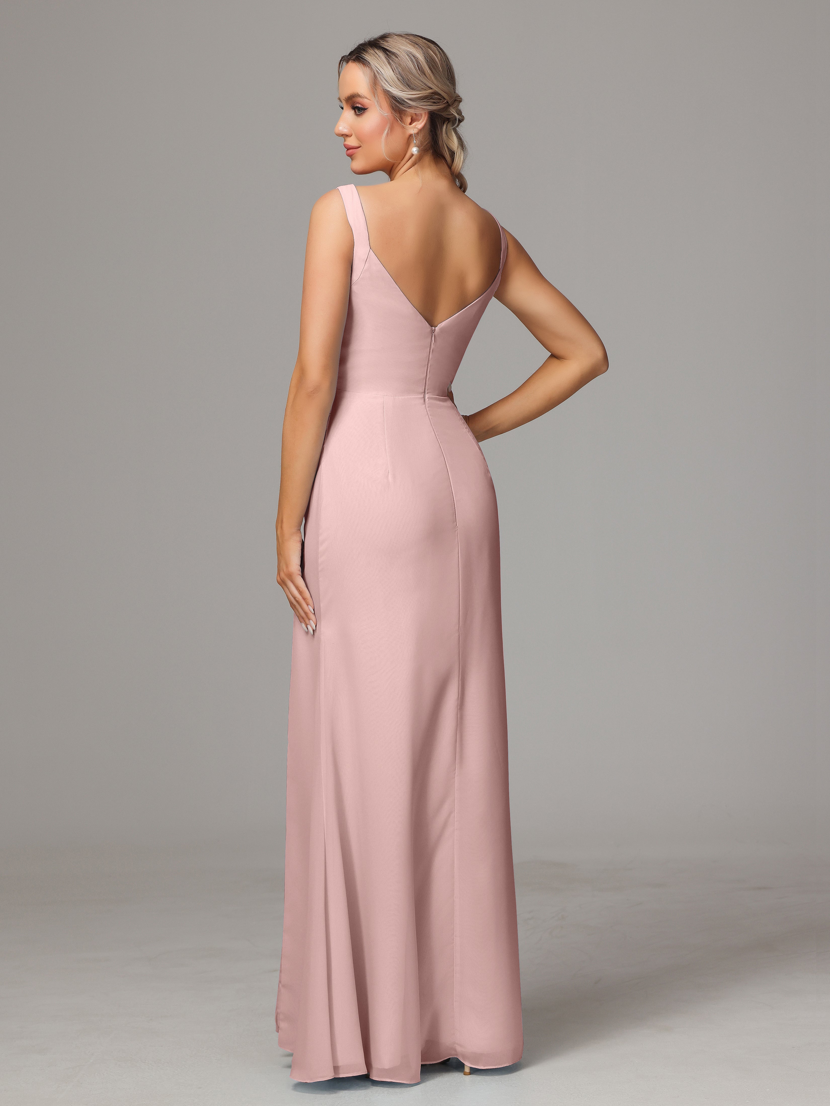 Robe Demoiselle D Honneur Rose Poudrée Dos V Fendue Devant Mousseline Robe Demoiselle D'Honneur