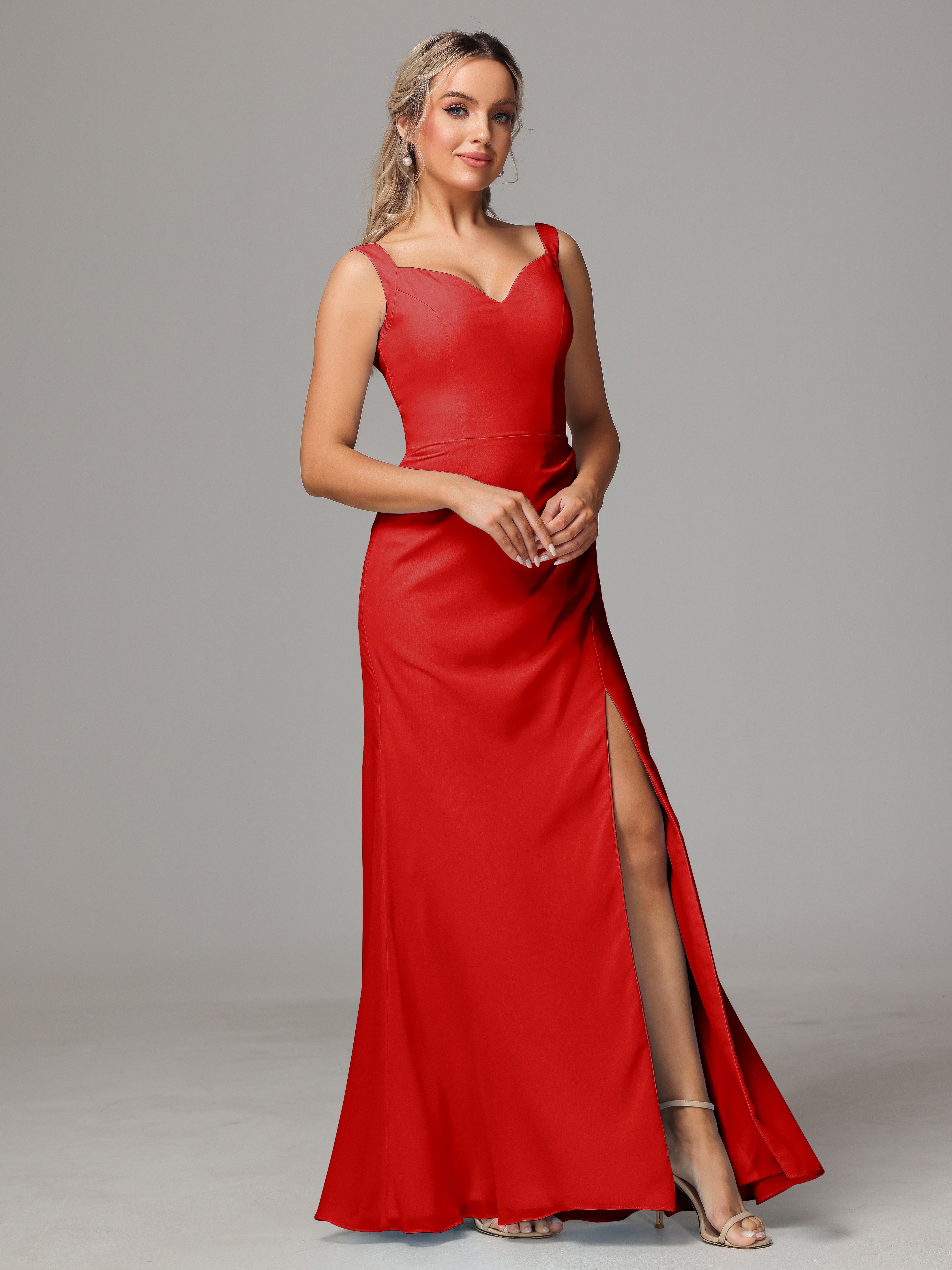 Mariage Robe Demoiselle D Honneur Rouge Dos V Fendue Devant Mousseline Robe Demoiselle D'Honneur