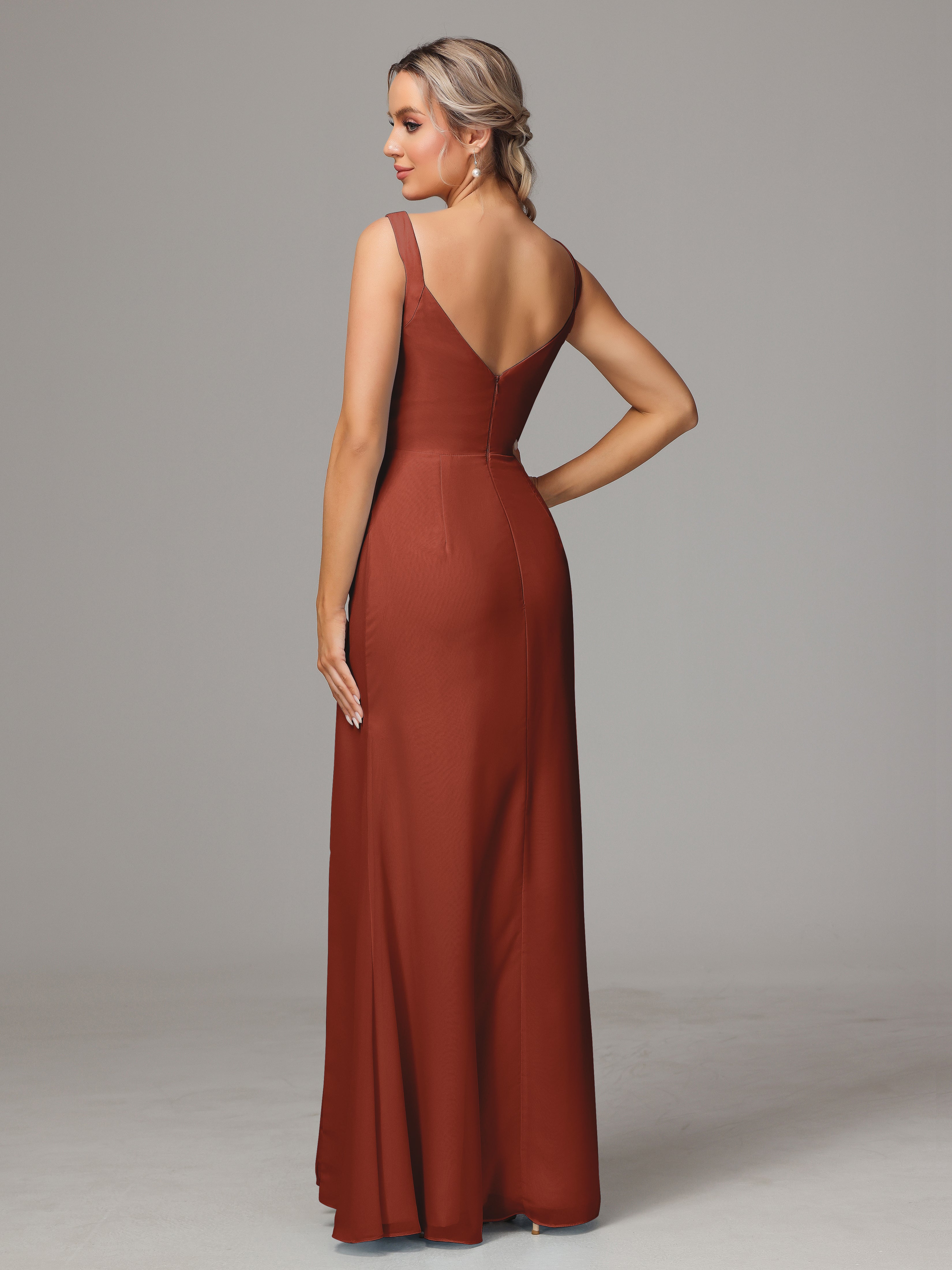 Demoiselle D'Honneur De Rouille Dos V Fendue Devant Mousseline Robe Demoiselle D'Honneur