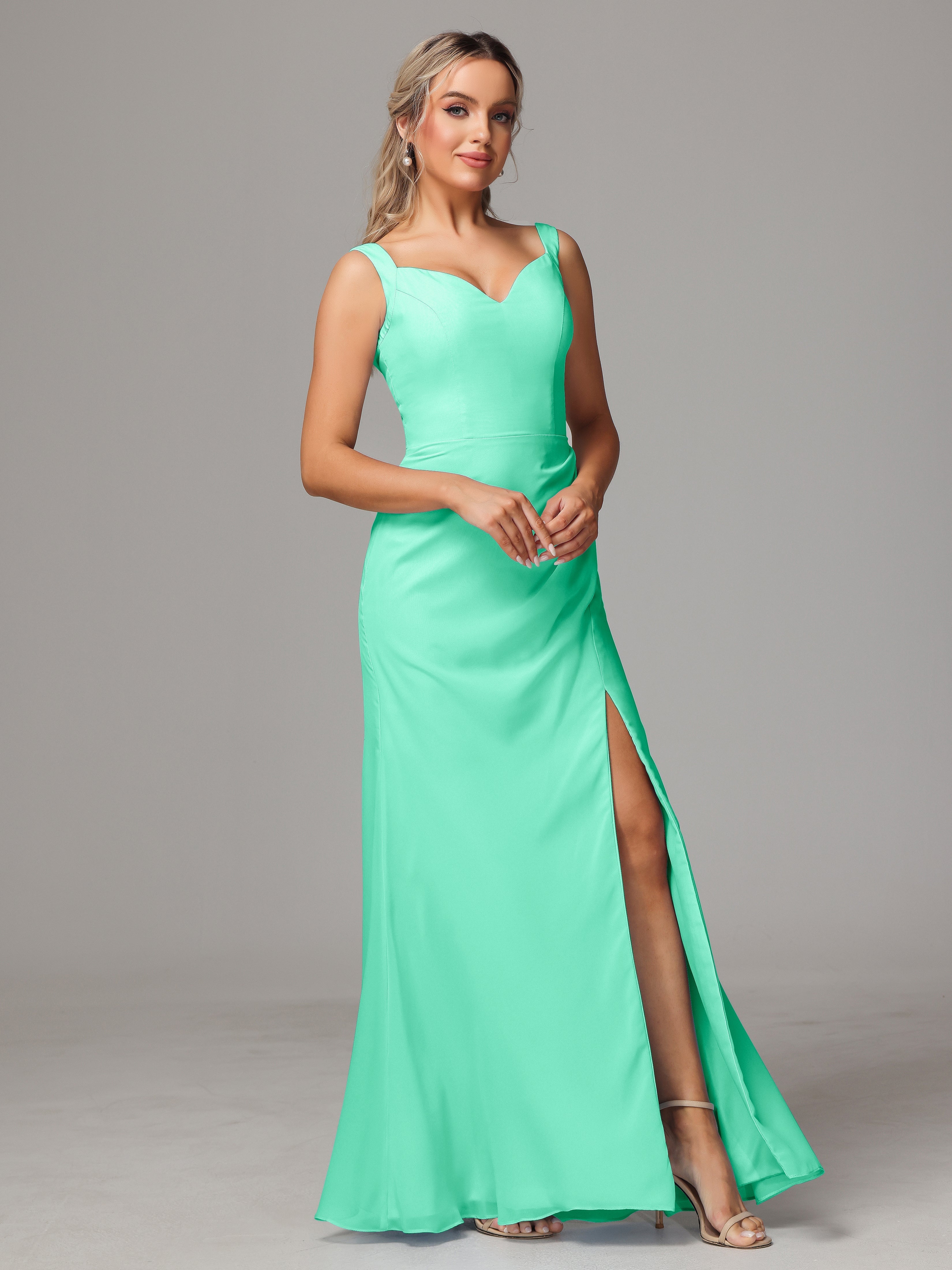 Demoiselle Dhonneur Robe Turquoise Dos V Fendue Devant Mousseline Robe Demoiselle D'Honneur