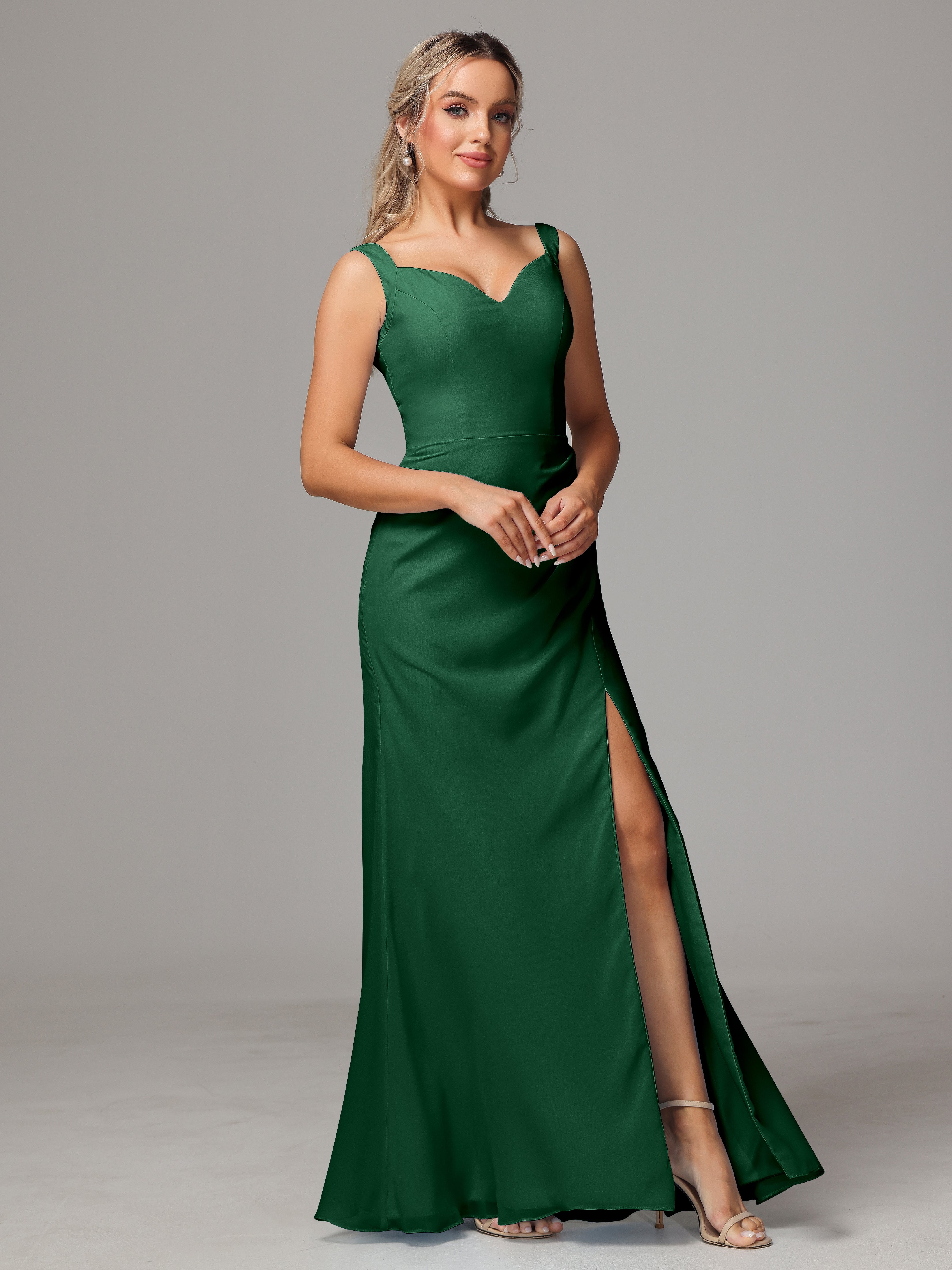 Robes De Demoiselle D'Honneur Vert Foncé Dos V Fendue Devant Mousseline Robe Demoiselle D'Honneur