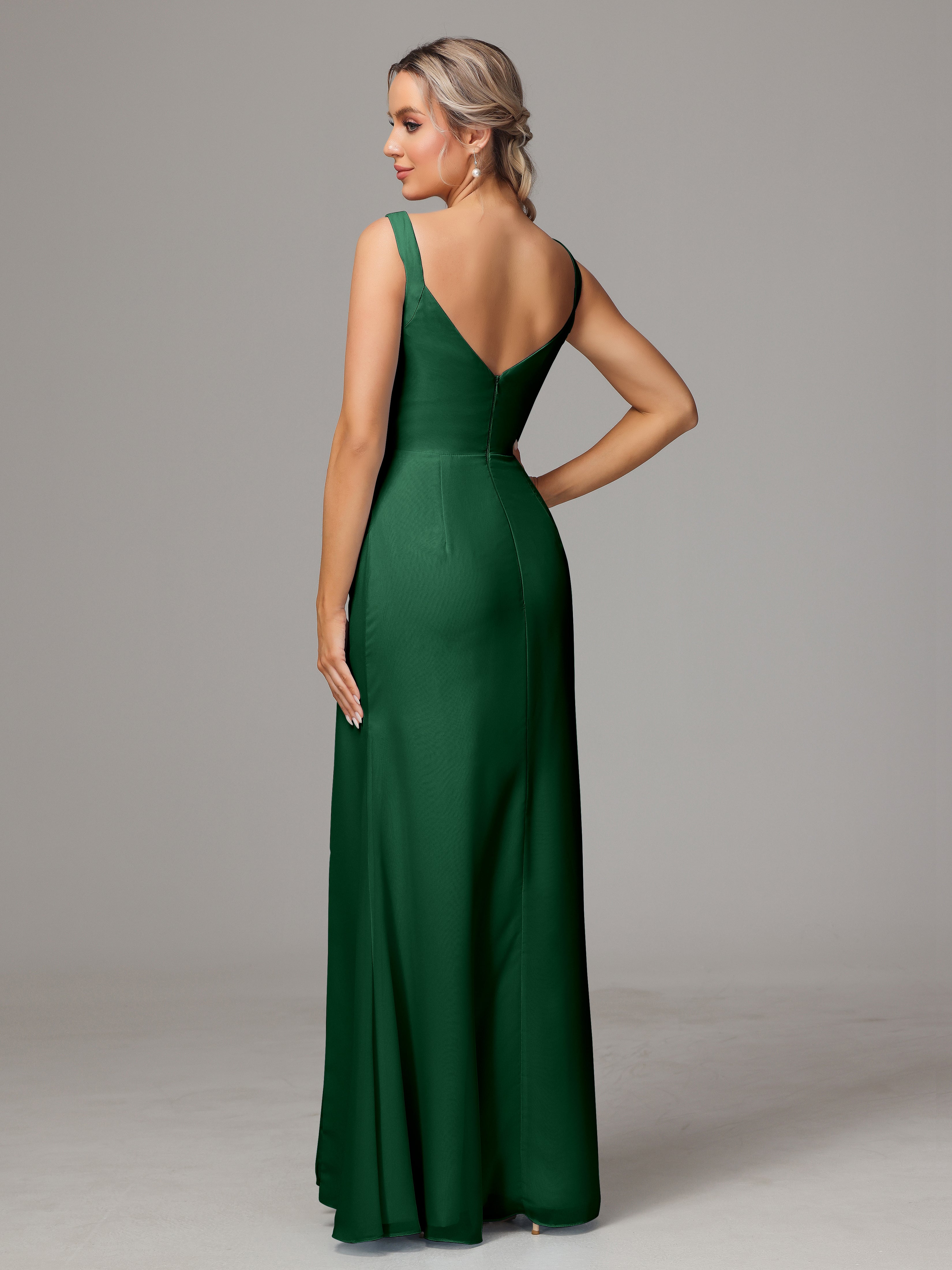 Robes De Demoiselle D'Honneur Vert Foncé Dos V Fendue Devant Mousseline Robe Demoiselle D'Honneur