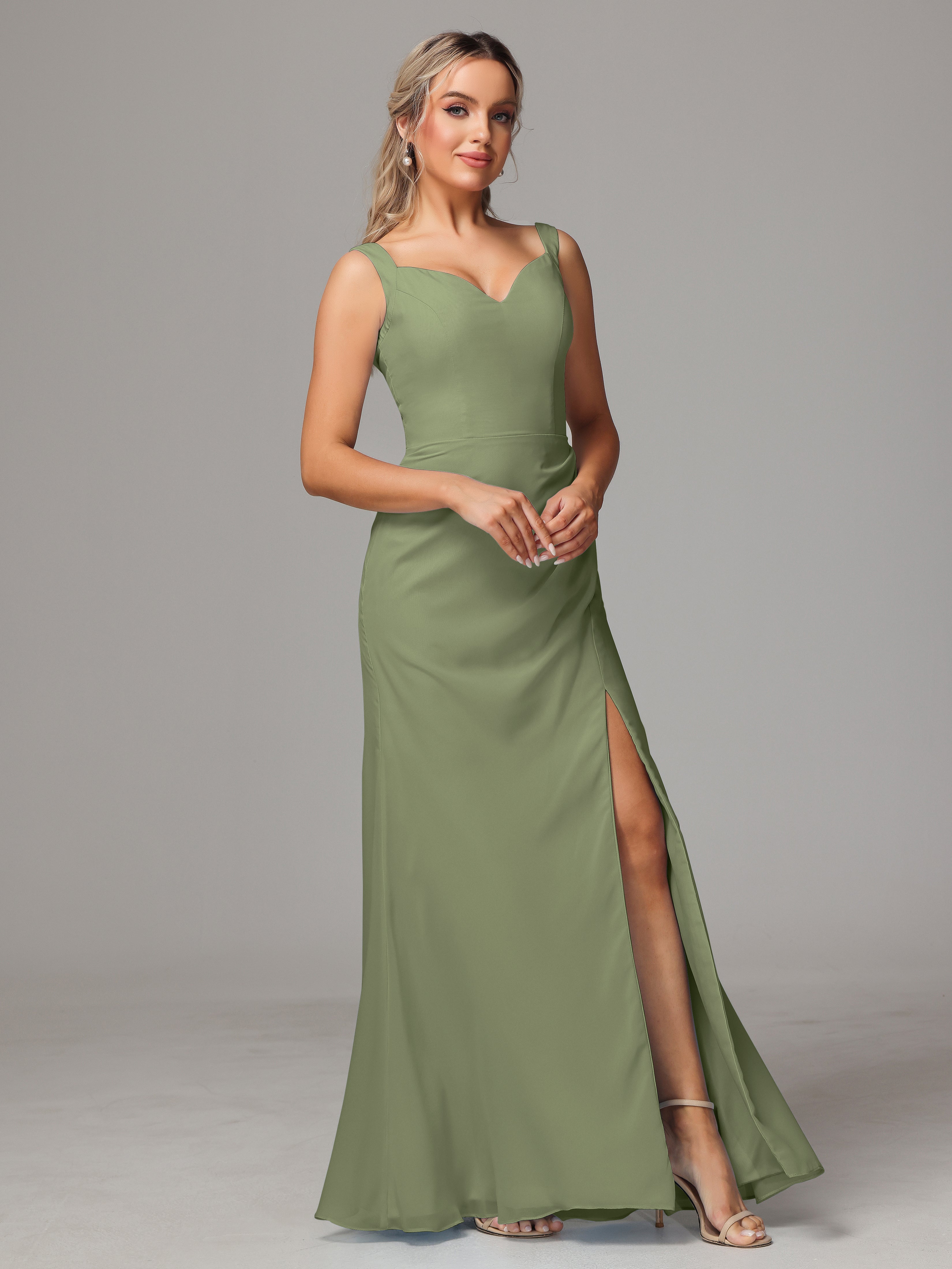 Robe Demoiselle D Honneur Vert Olive Dos V Fendue Devant Mousseline Robe Demoiselle D'Honneur