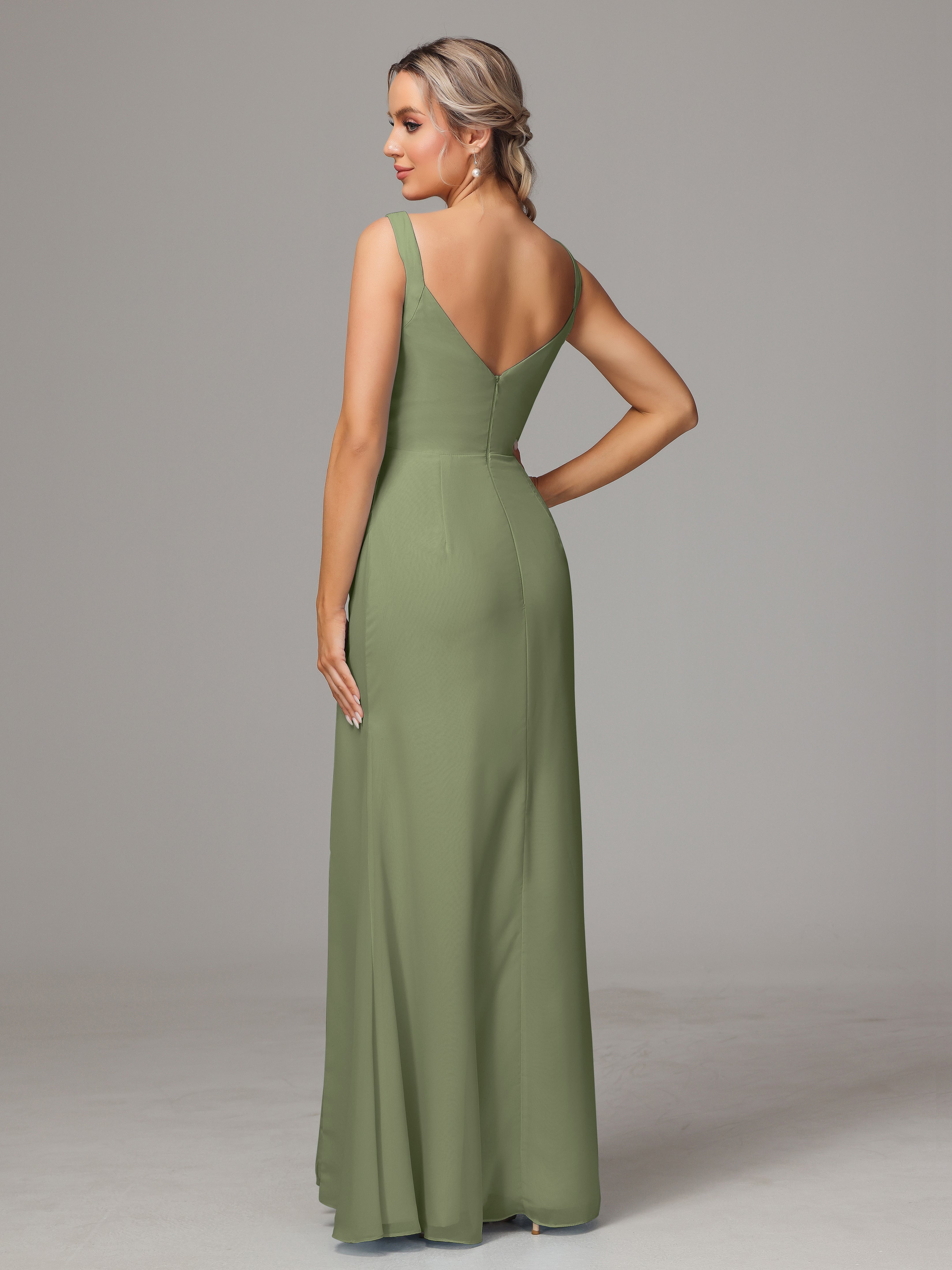 Robe Demoiselle D Honneur Vert Olive Dos V Fendue Devant Mousseline Robe Demoiselle D'Honneur