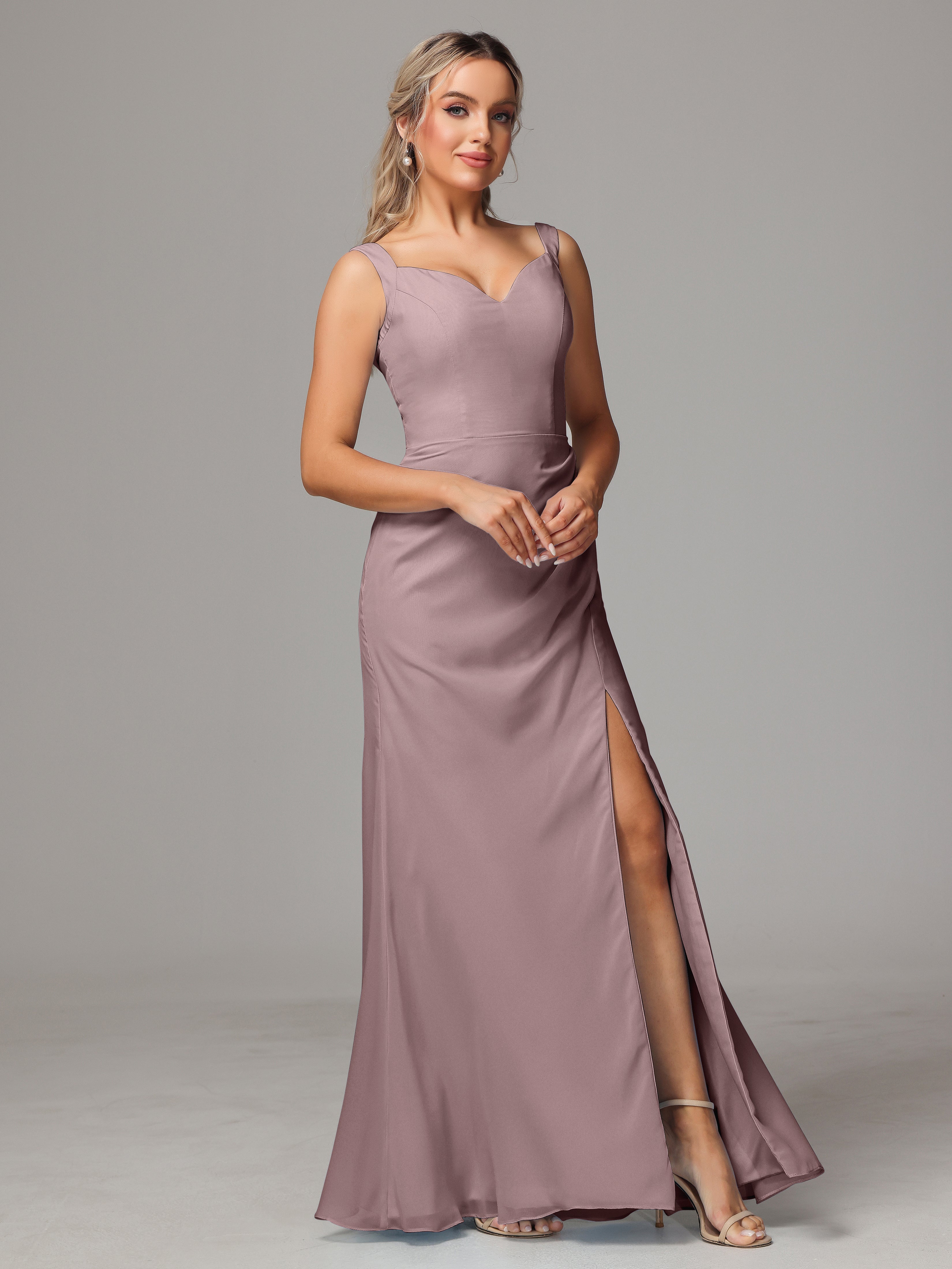 Robes De Demoiselle D'Honneur Mauve Foncé Dos V Fendue Devant Mousseline Robe Demoiselle D'Honneur