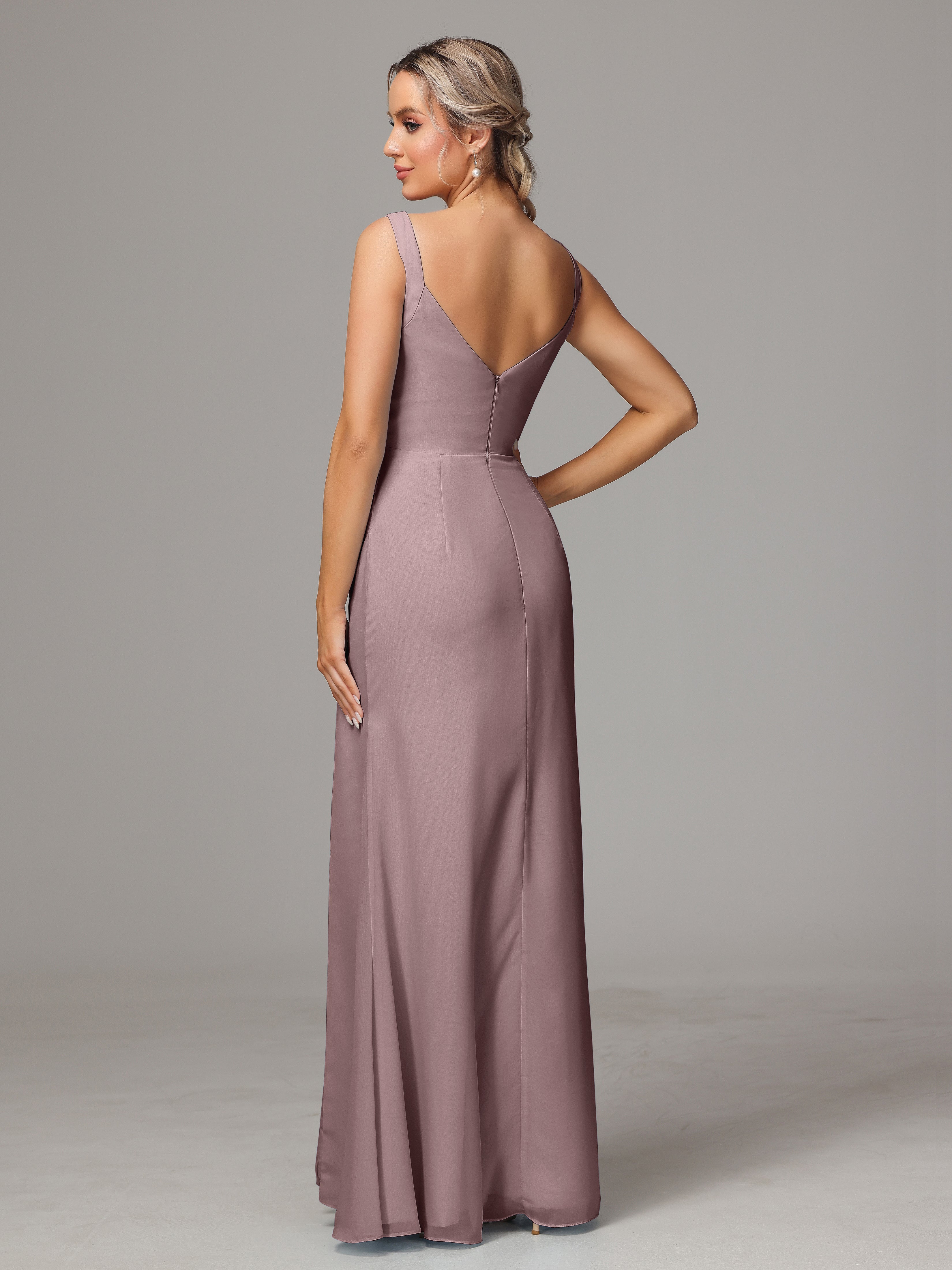 Robes De Demoiselle D'Honneur Mauve Foncé Dos V Fendue Devant Mousseline Robe Demoiselle D'Honneur